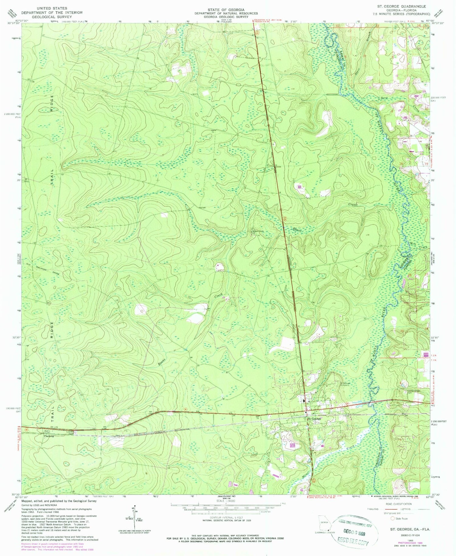 Classic USGS Saint George Georgia 7.5'x7.5' Topo Map Image