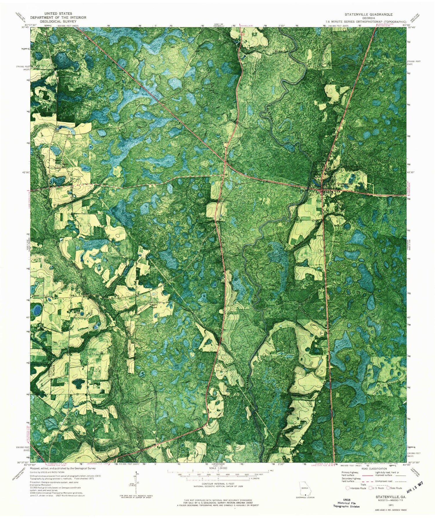 Classic USGS Statenville Georgia 7.5'x7.5' Topo Map Image
