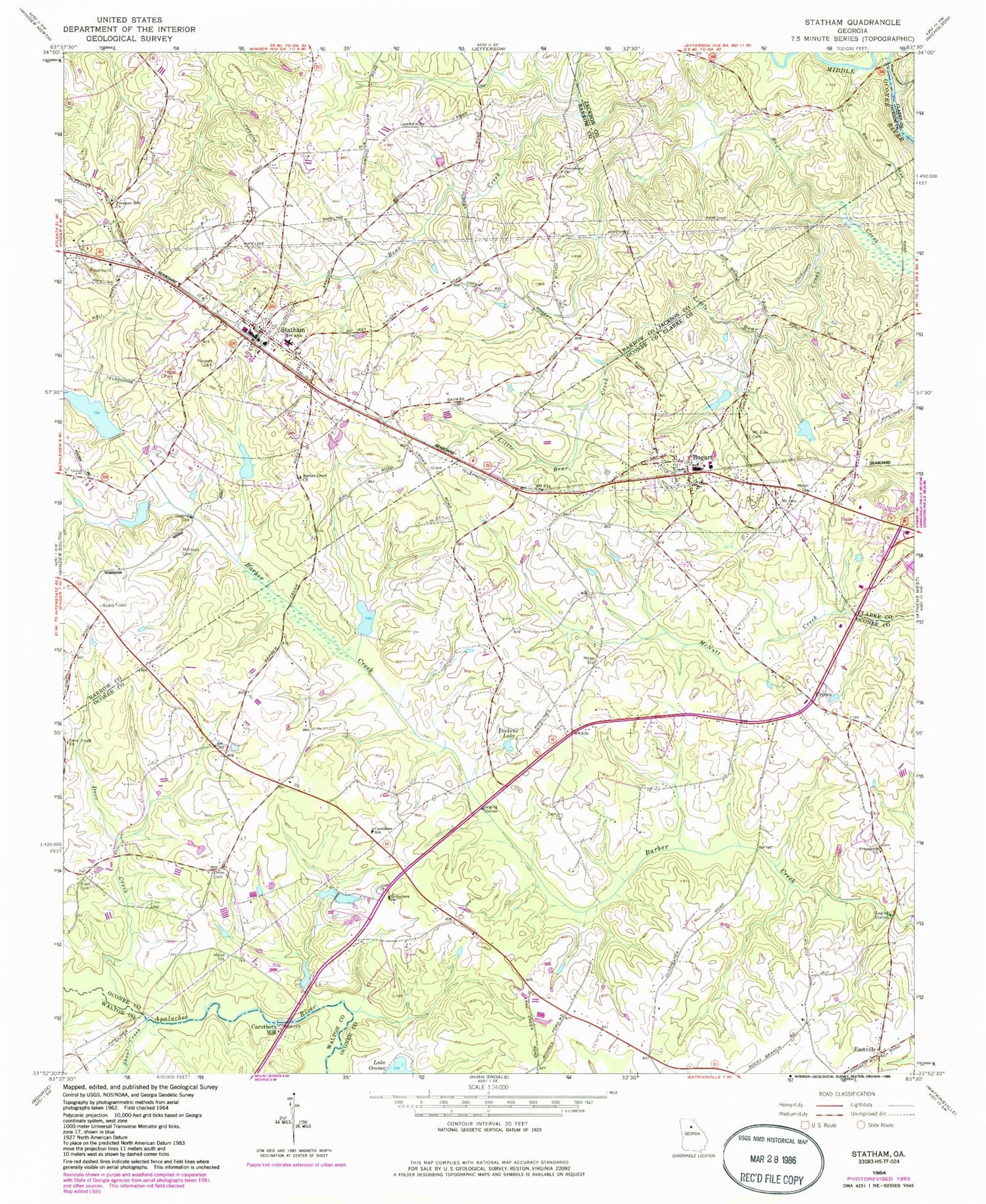 Classic USGS Statham Georgia 7.5'x7.5' Topo Map Image