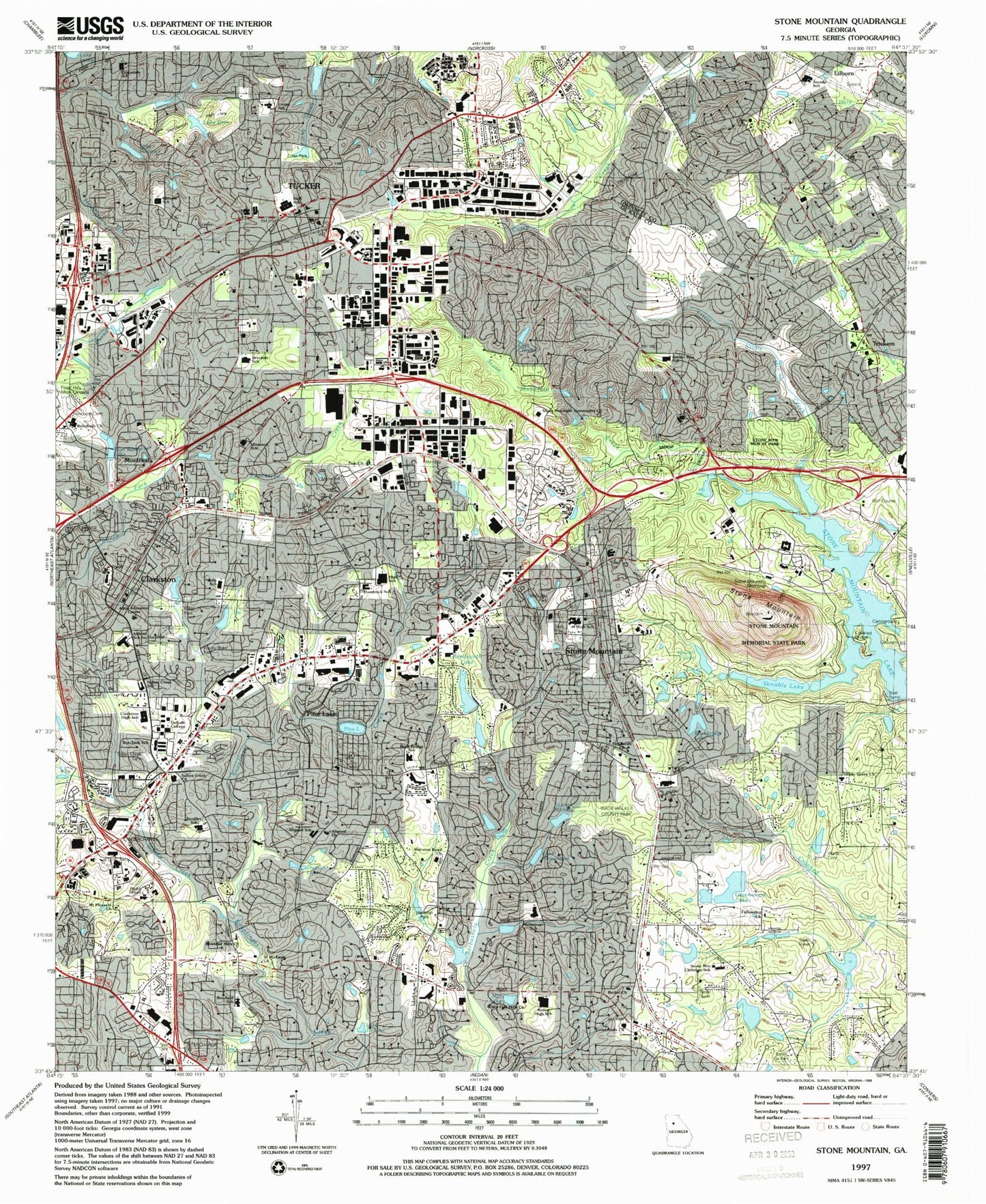Classic USGS Stone Mountain Georgia 7.5'x7.5' Topo Map Image