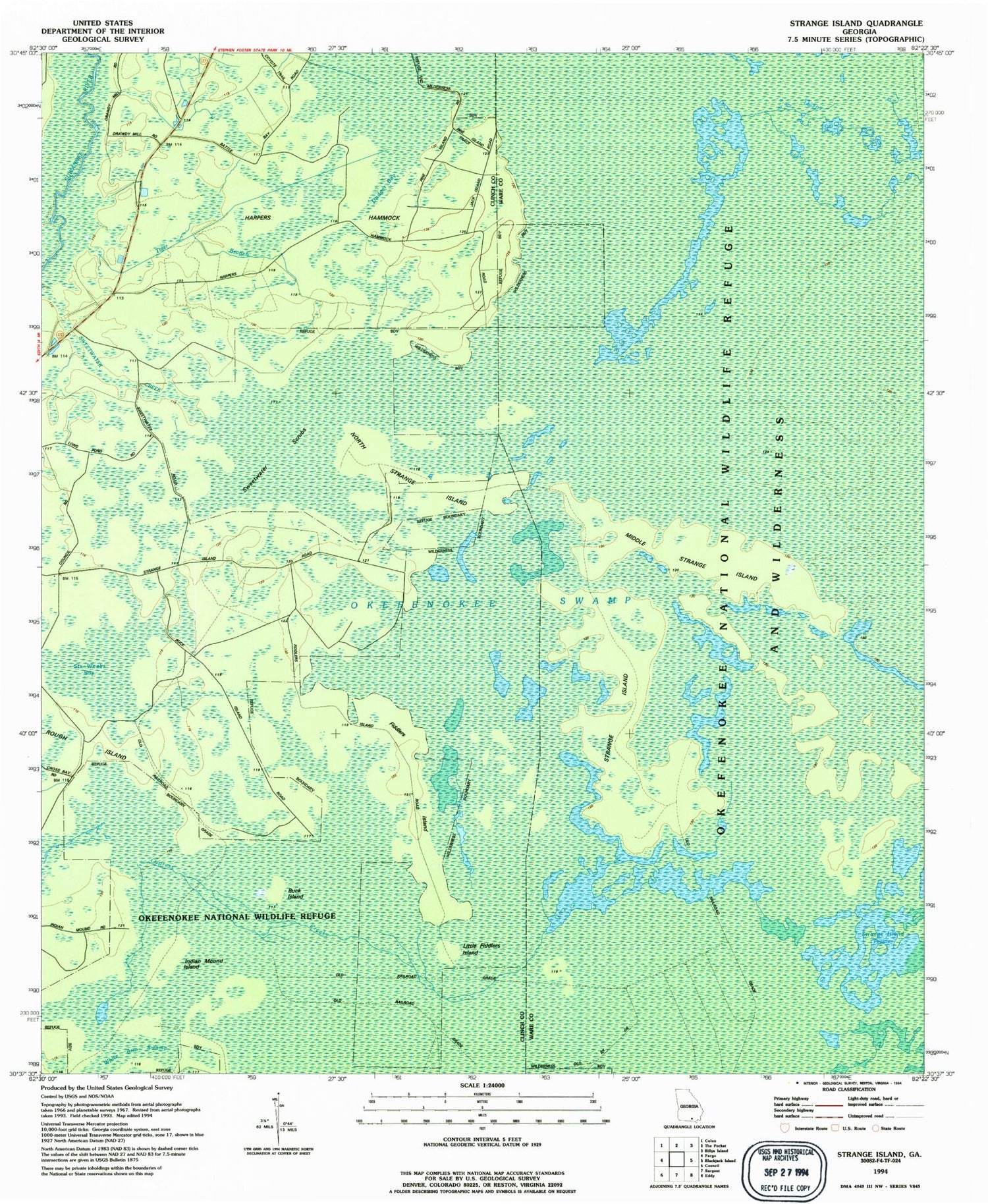 Classic USGS Strange Island Georgia 7.5'x7.5' Topo Map Image