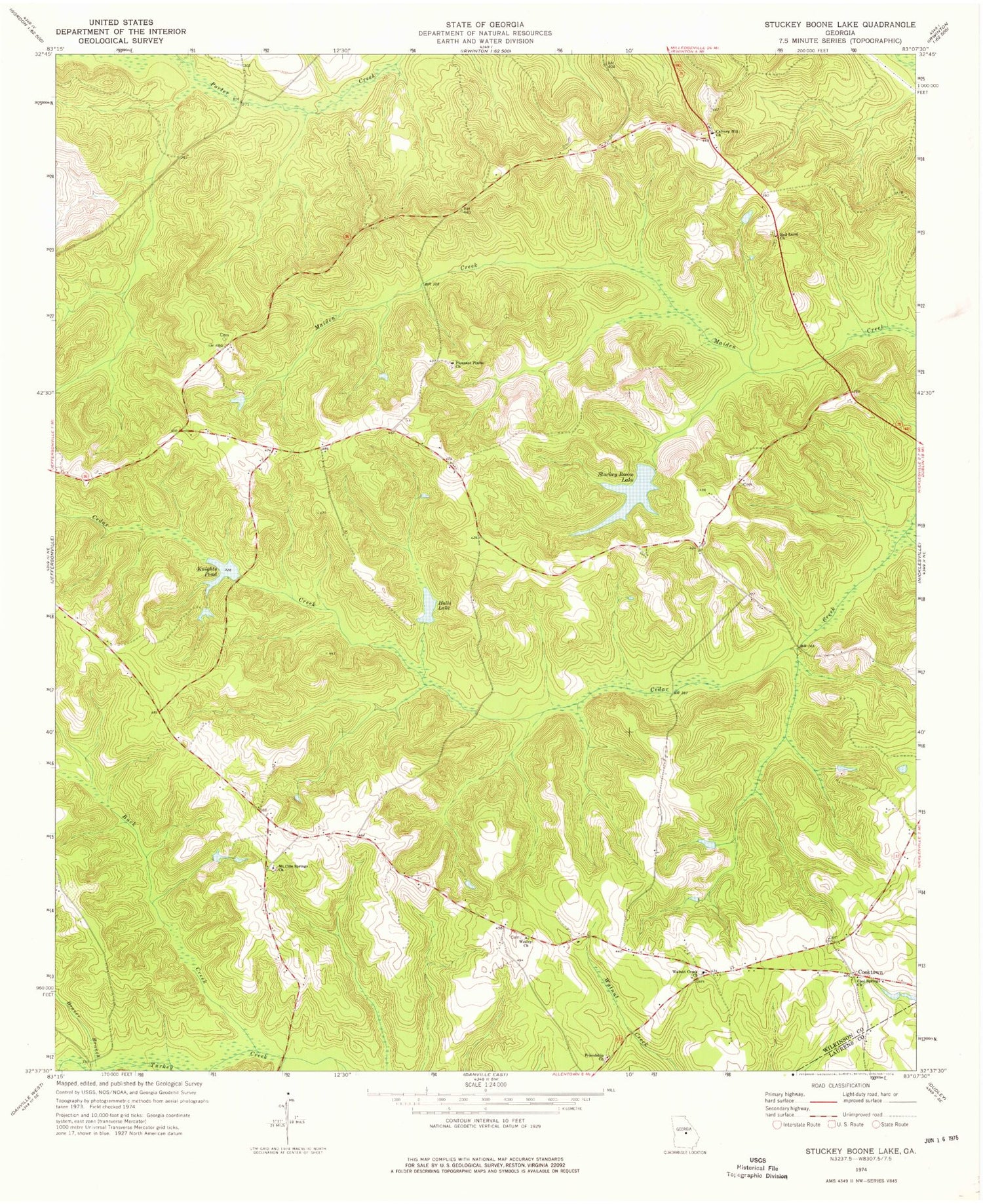 Classic USGS Stuckey Boone Lake Georgia 7.5'x7.5' Topo Map Image