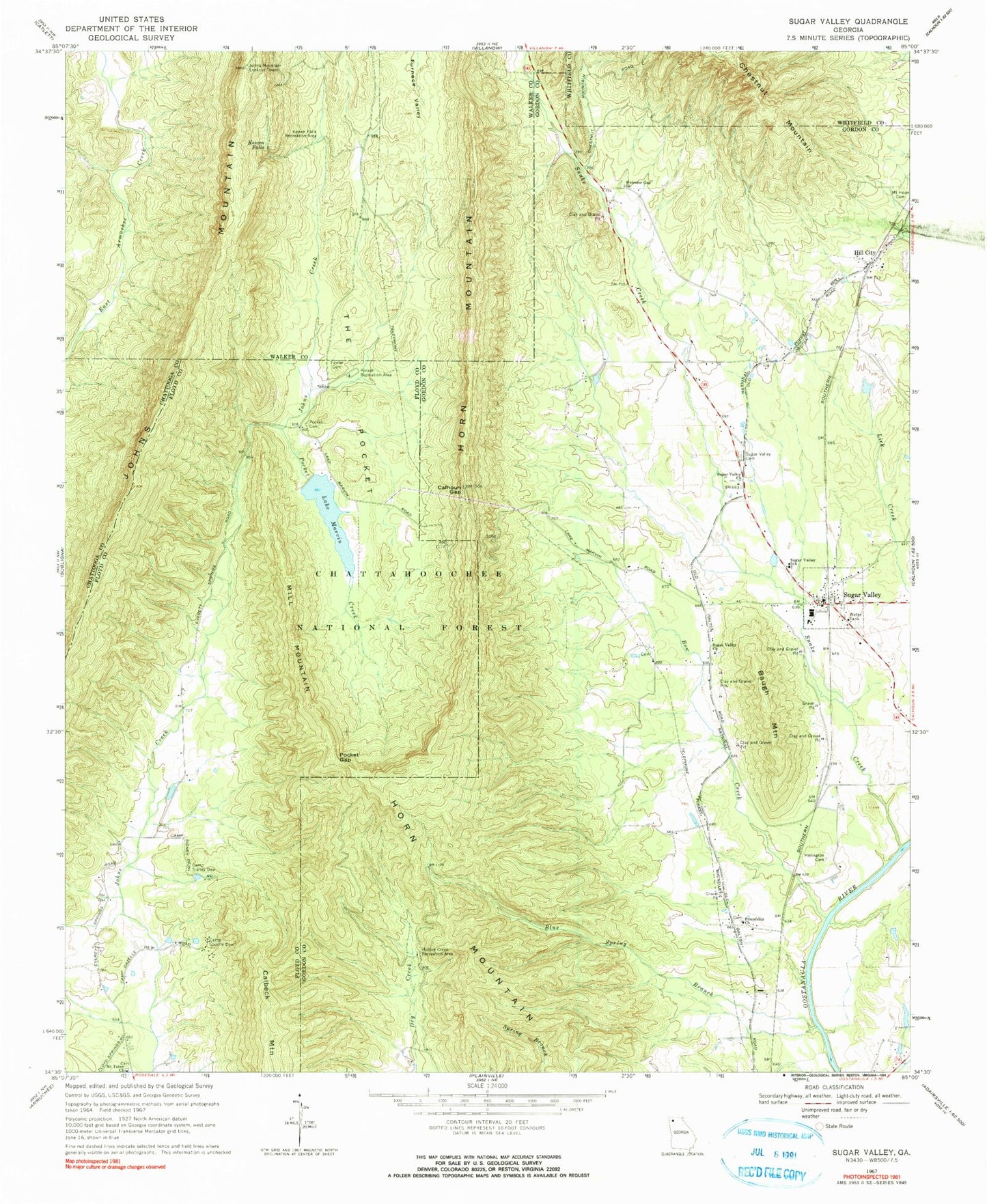Classic USGS Sugar Valley Georgia 7.5'x7.5' Topo Map Image