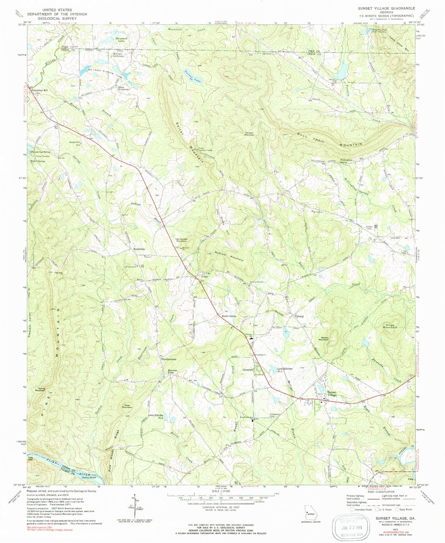 Classic USGS Sunset Village Georgia 7.5'x7.5' Topo Map Image