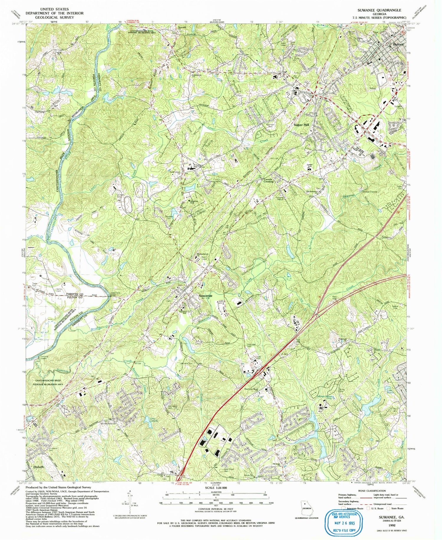 Classic USGS Suwanee Georgia 7.5'x7.5' Topo Map Image