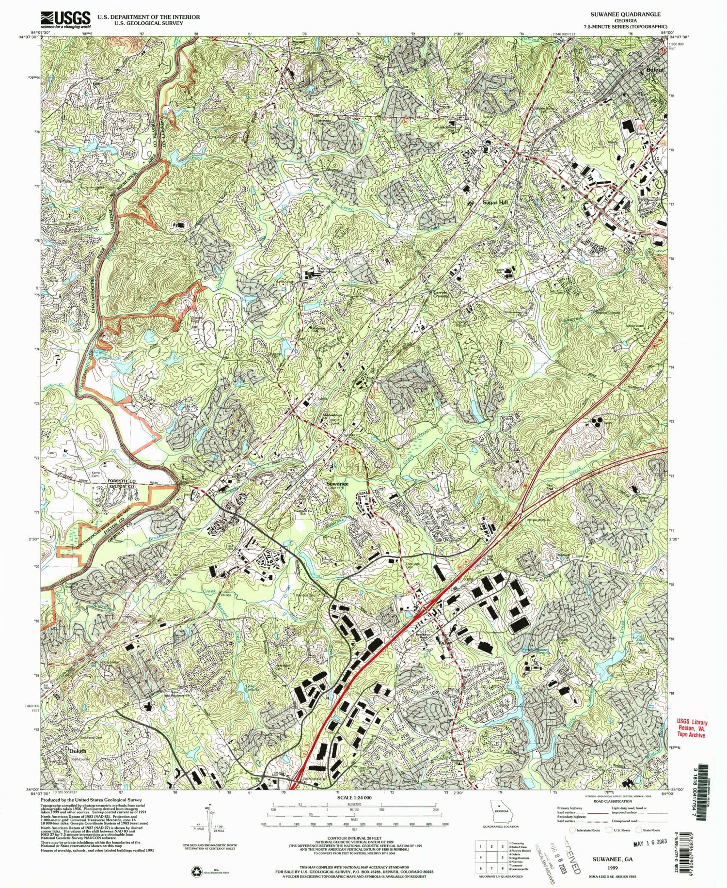 Classic USGS Suwanee Georgia 7.5'x7.5' Topo Map Image