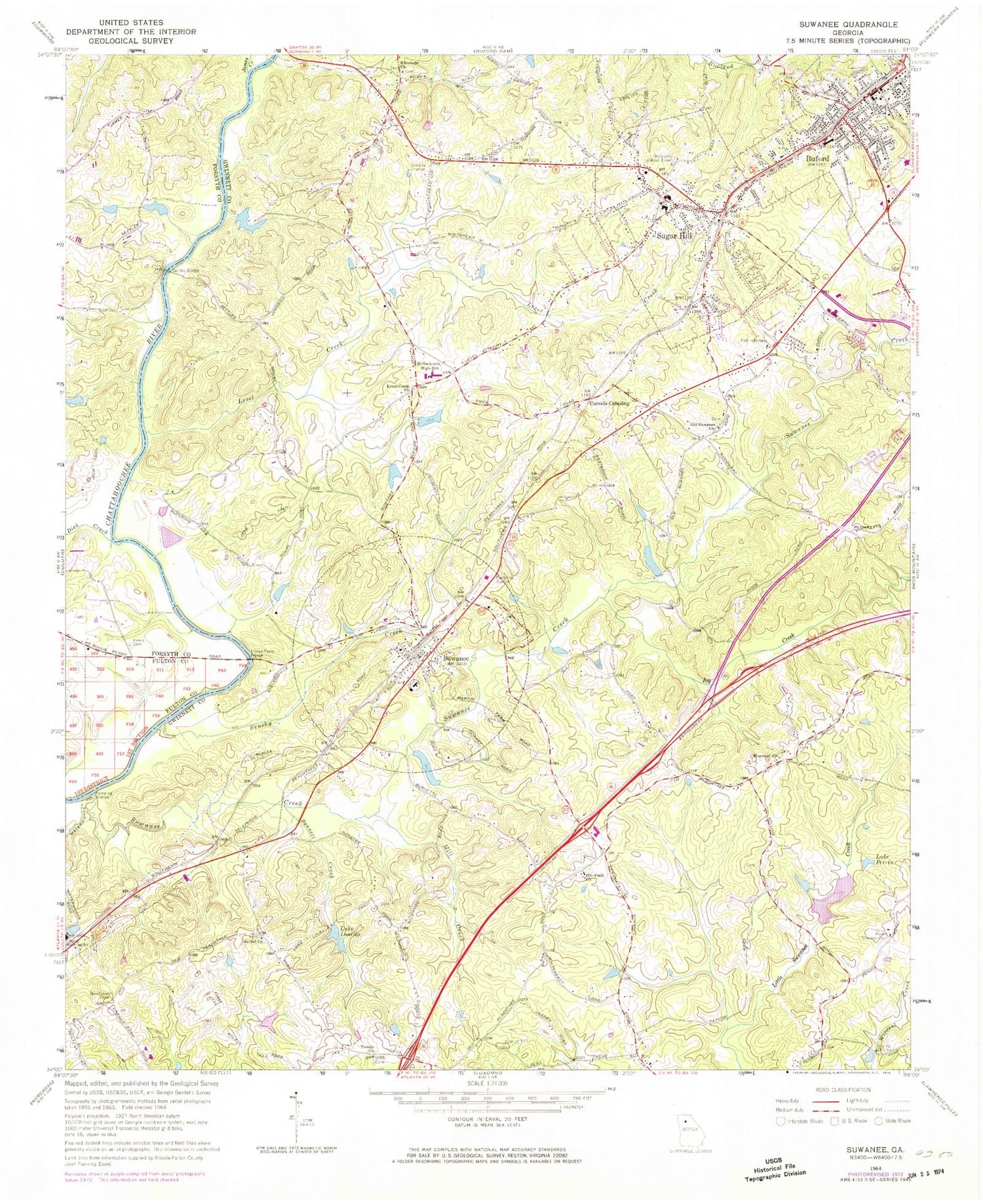 Classic USGS Suwanee Georgia 7.5'x7.5' Topo Map Image