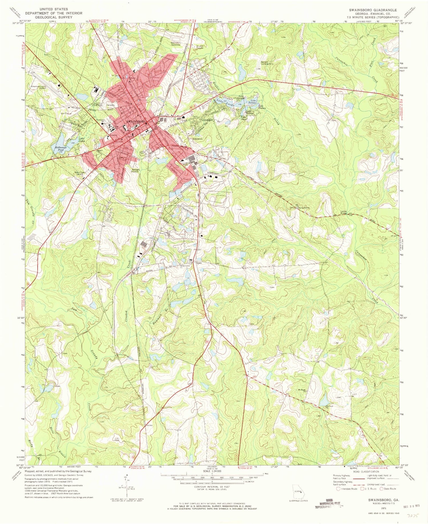 Classic USGS Swainsboro Georgia 7.5'x7.5' Topo Map Image