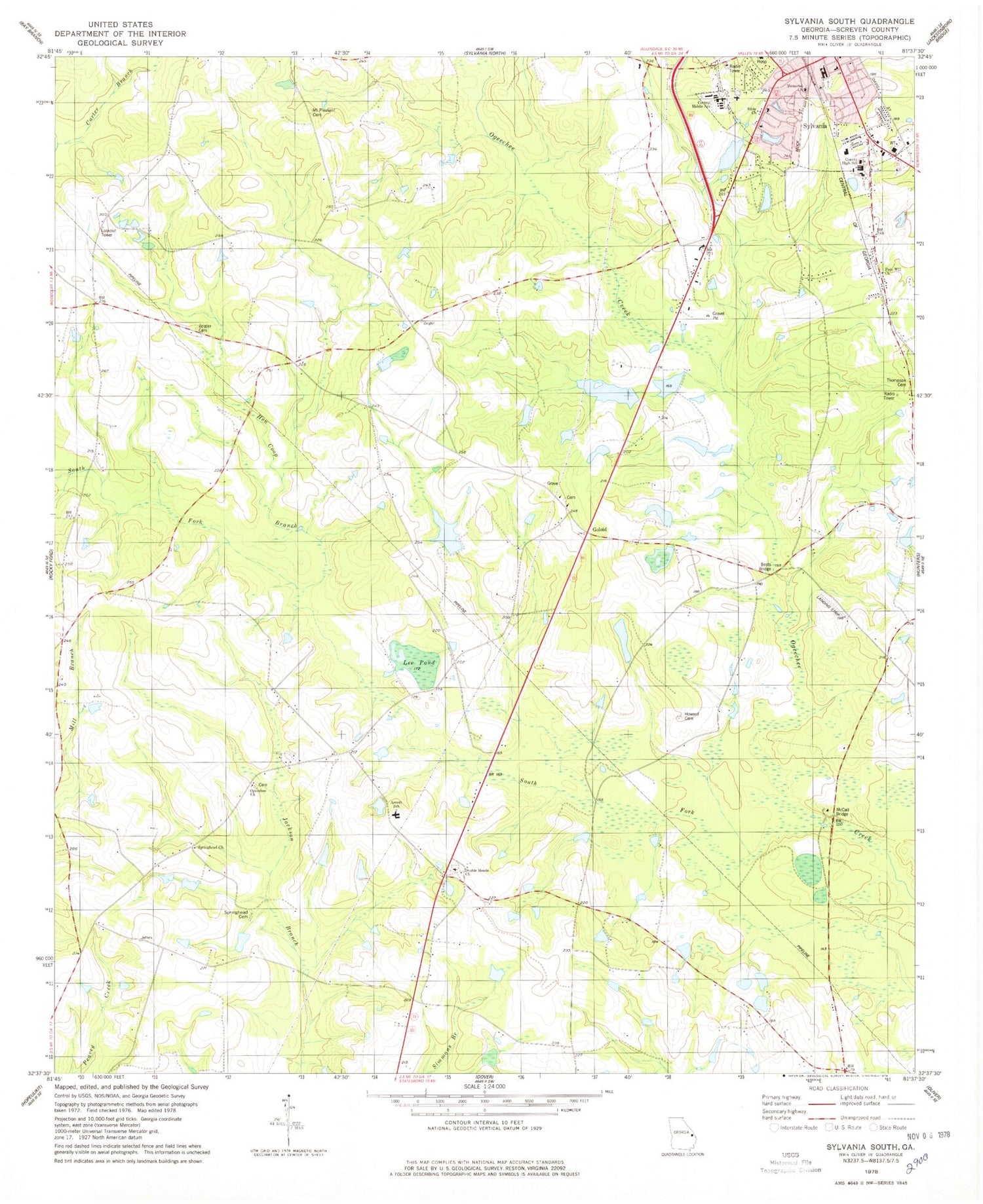 Classic USGS Sylvania South Georgia 7.5'x7.5' Topo Map Image