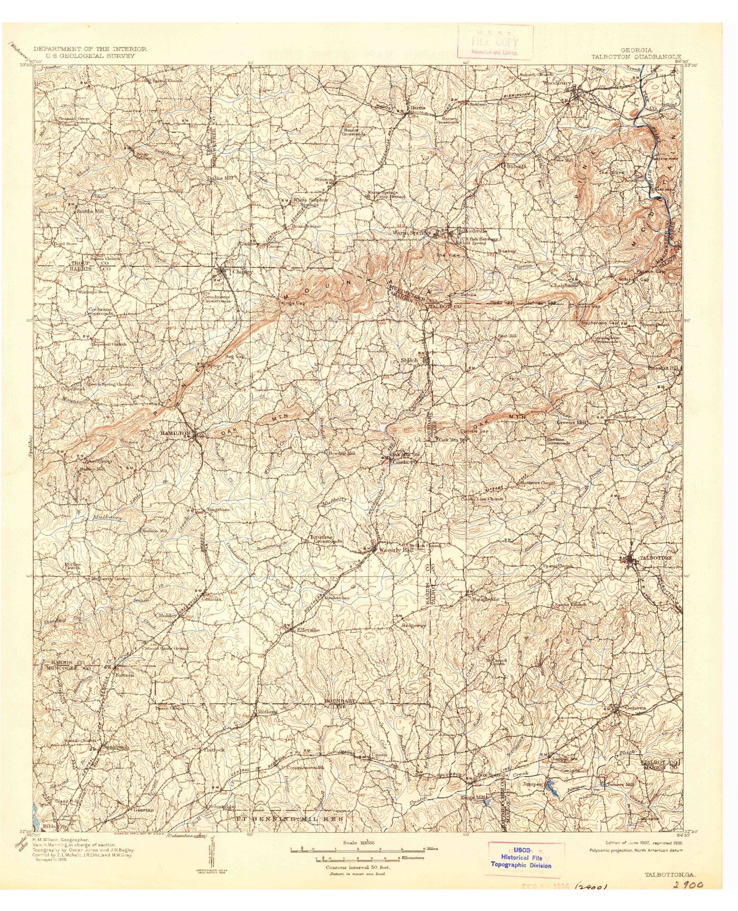 Historic 1907 Talbotton Georgia 30'x30' Topo Map Image