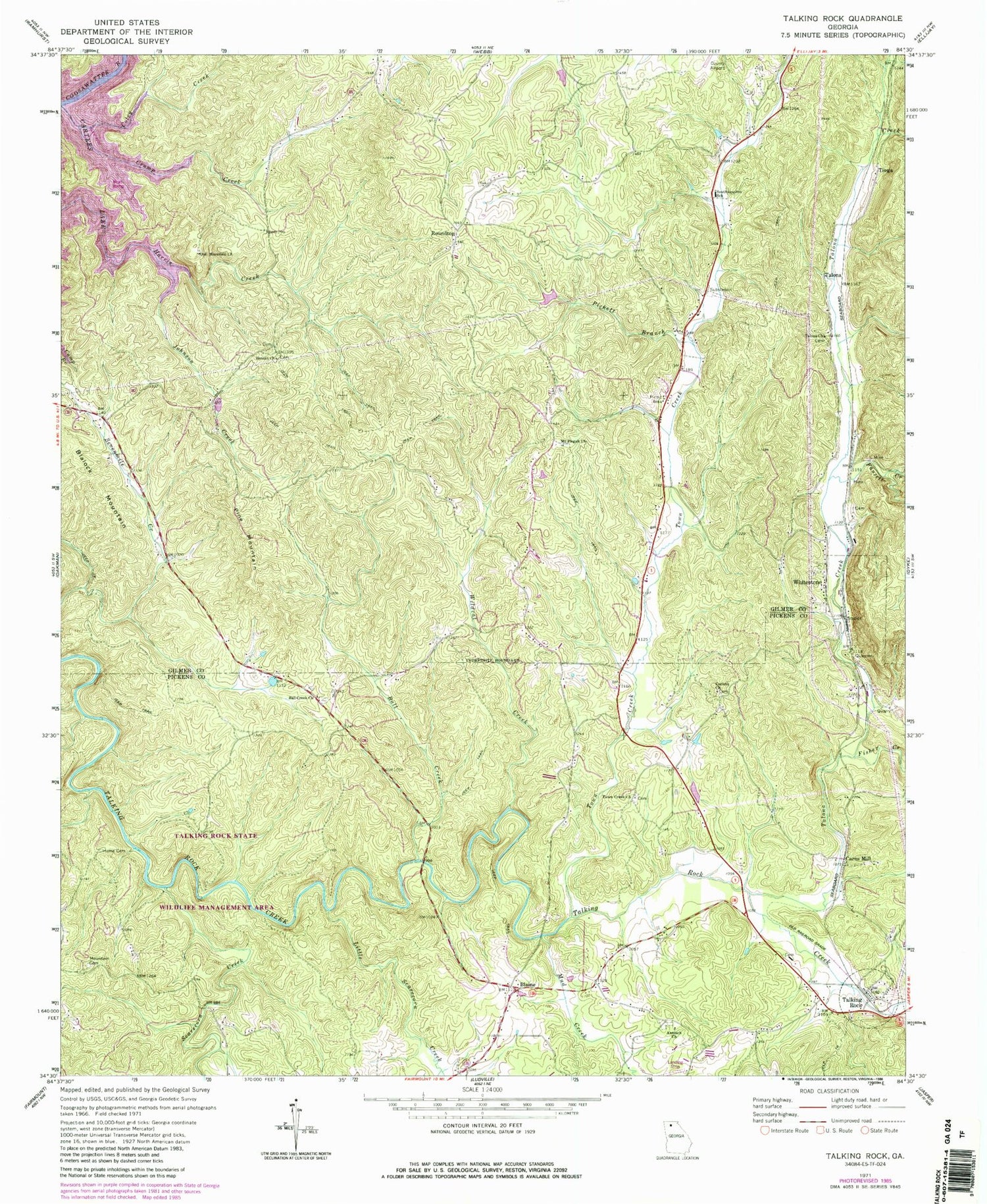 Classic USGS Talking Rock Georgia 7.5'x7.5' Topo Map Image