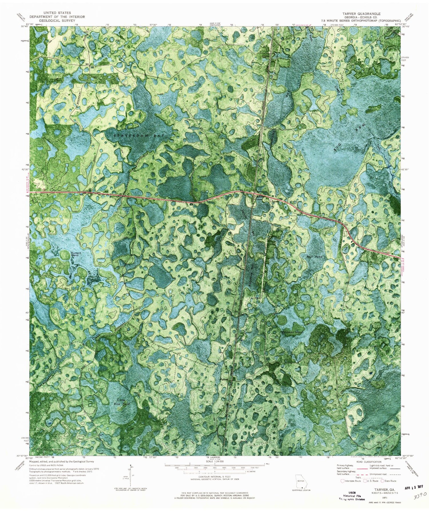 Classic USGS Tarver Georgia 7.5'x7.5' Topo Map Image