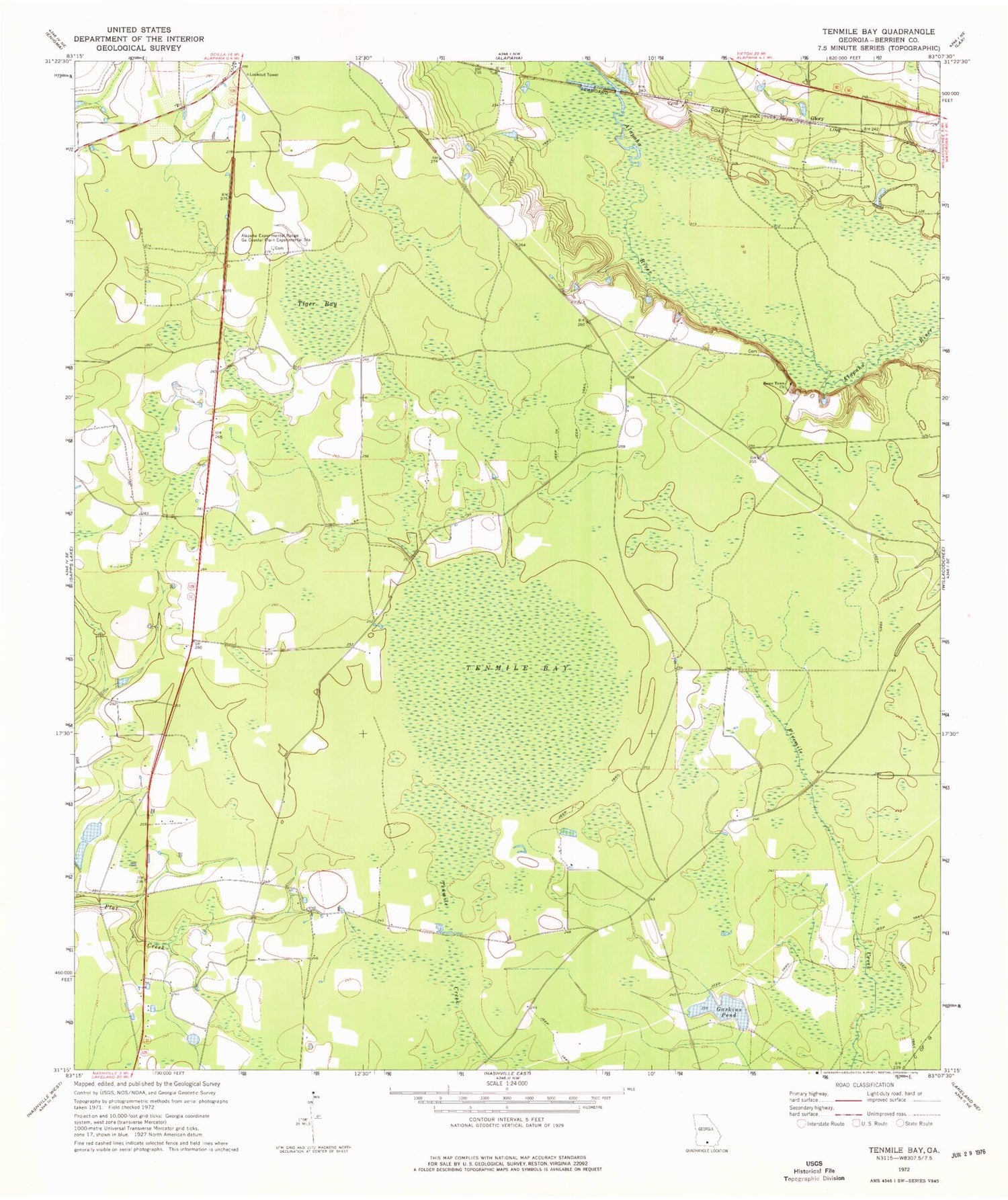Classic USGS Tenmile Bay Georgia 7.5'x7.5' Topo Map Image