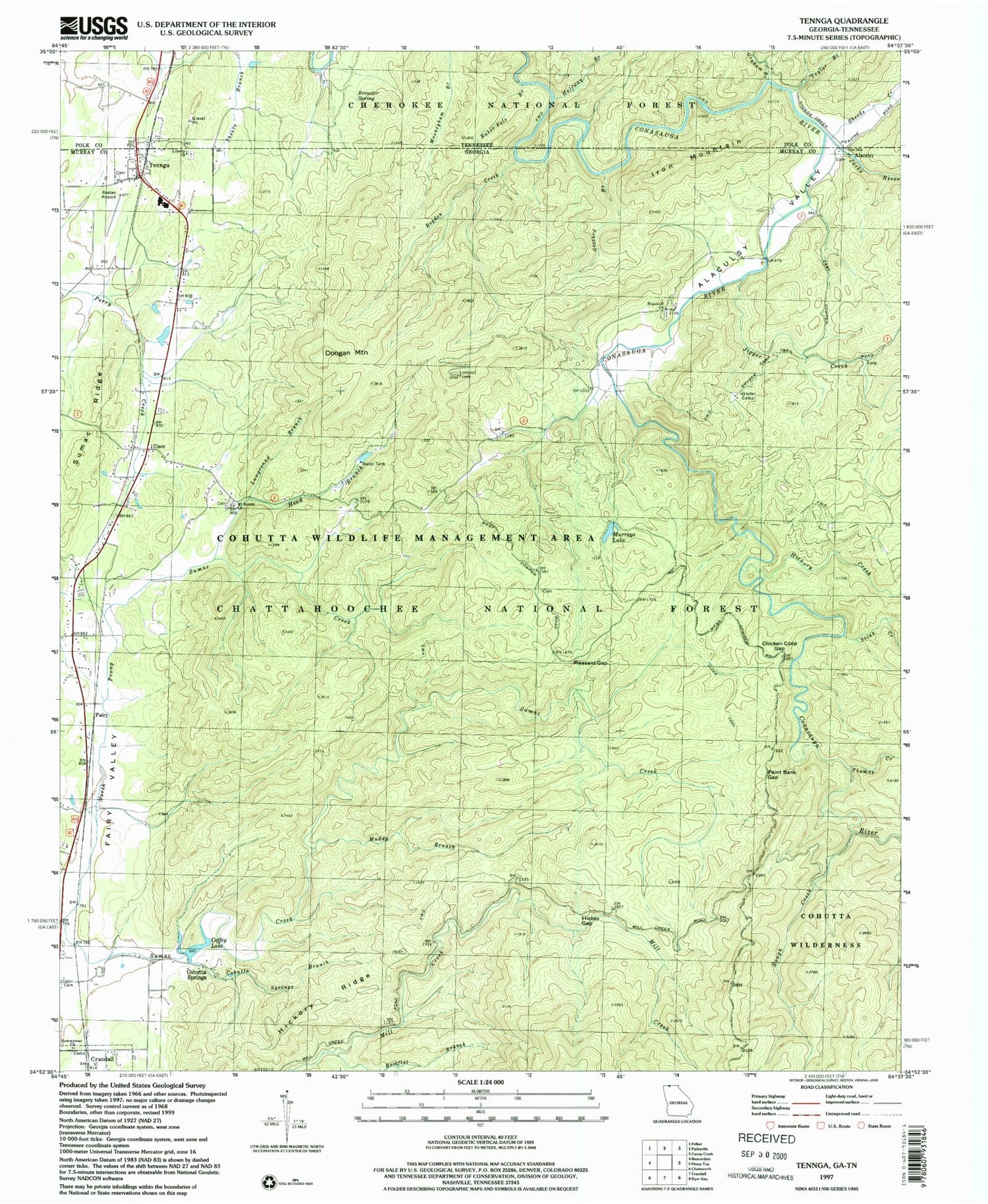 Classic USGS Tennga Georgia 7.5'x7.5' Topo Map Image