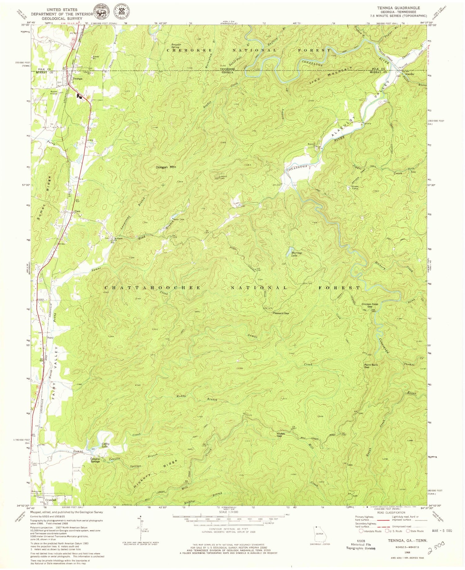 Classic USGS Tennga Georgia 7.5'x7.5' Topo Map Image