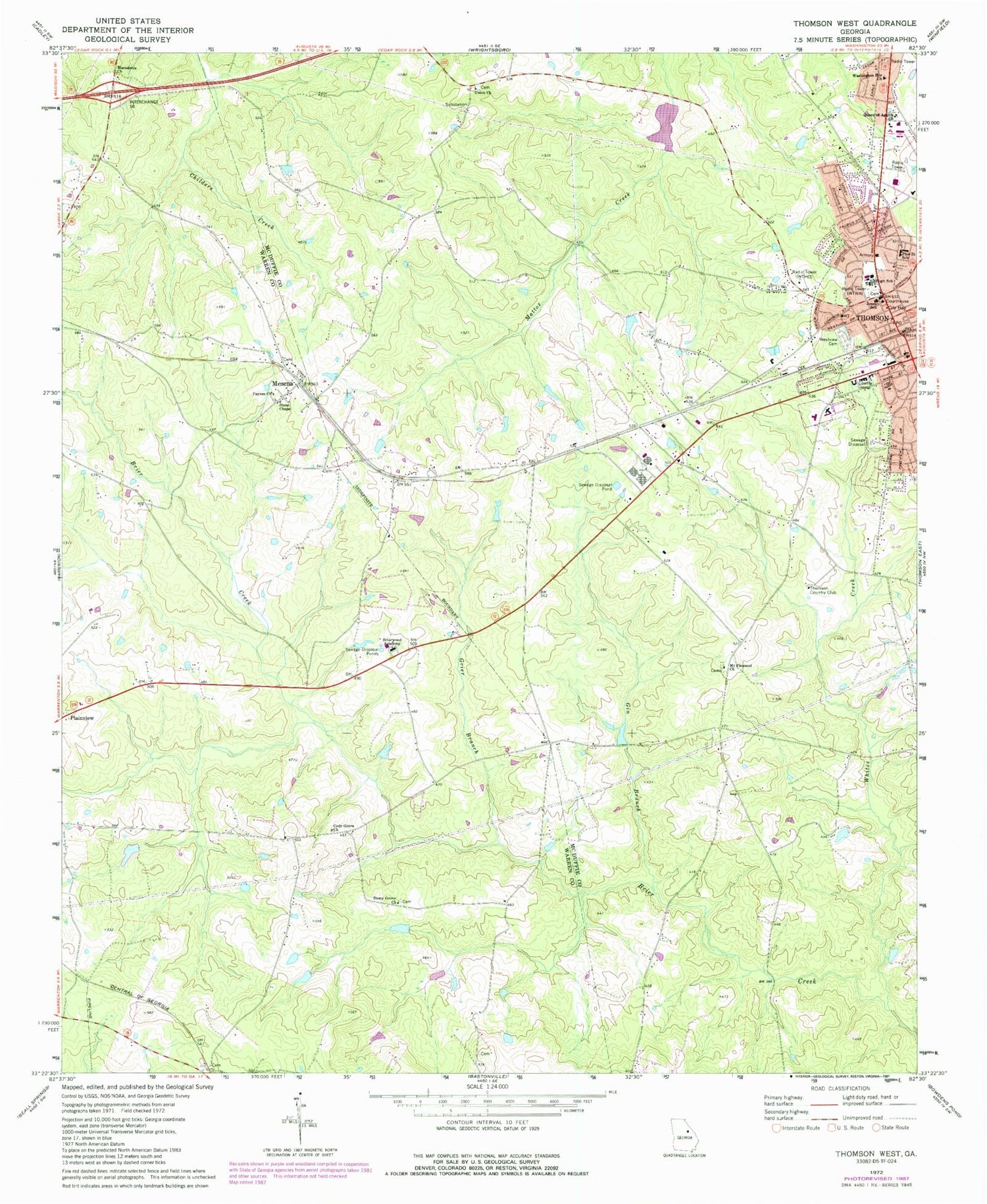 Classic USGS Thomson West Georgia 7.5'x7.5' Topo Map Image