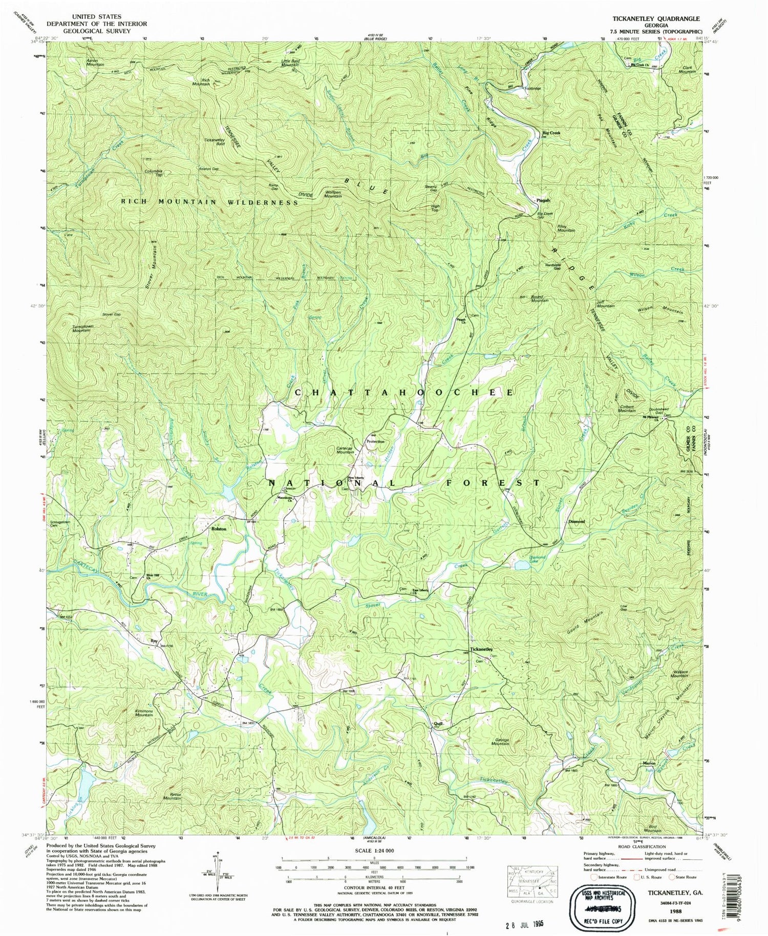 Classic USGS Tickanetley Georgia 7.5'x7.5' Topo Map Image