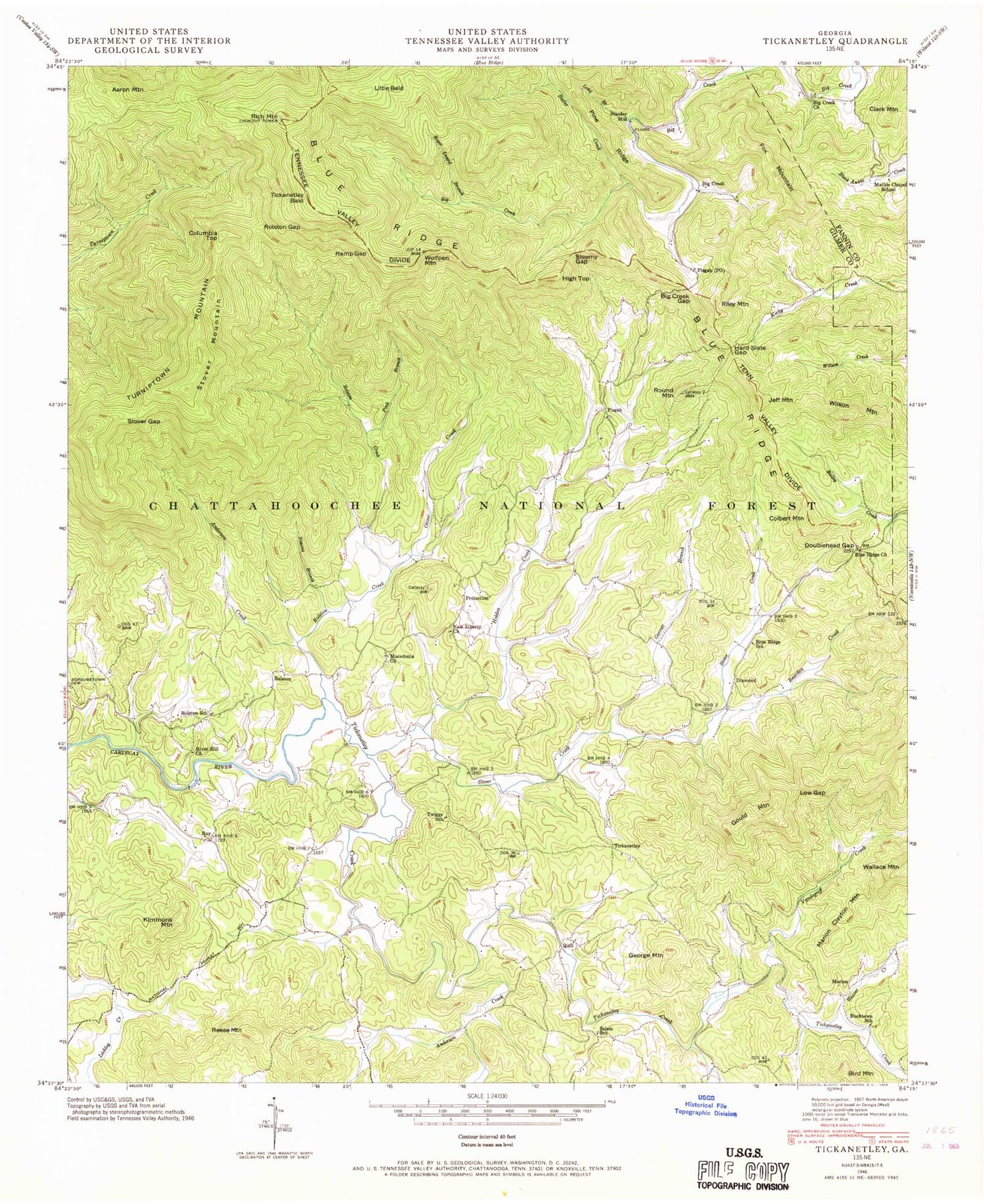 Classic USGS Tickanetley Georgia 7.5'x7.5' Topo Map Image