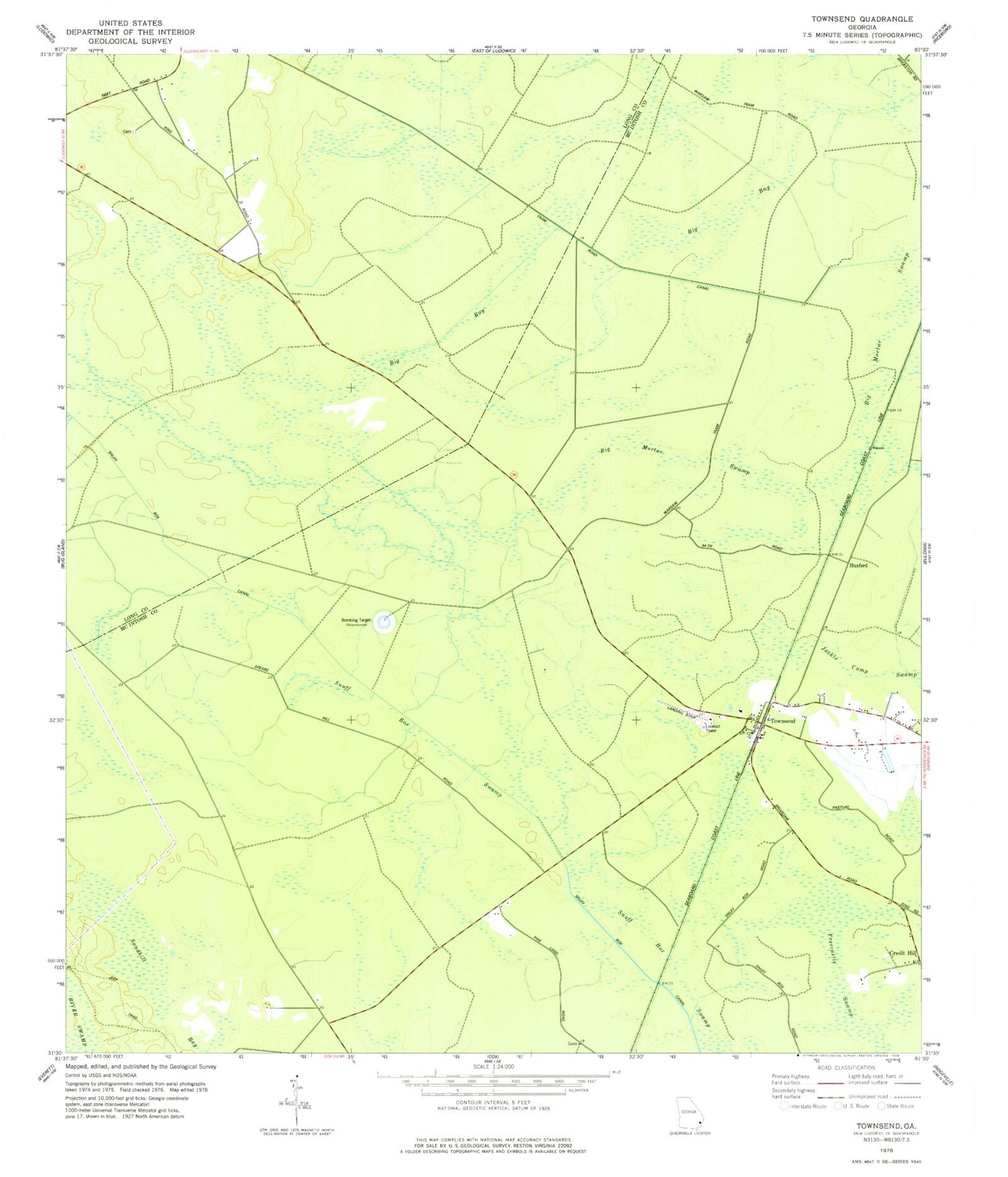 Classic USGS Townsend Georgia 7.5'x7.5' Topo Map Image