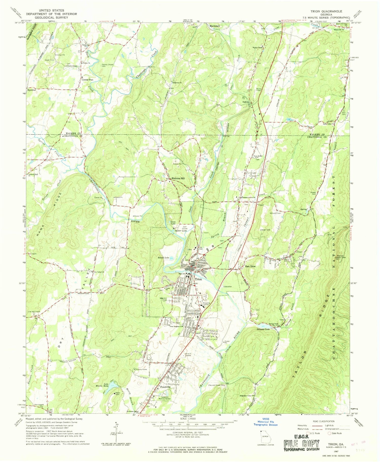 Classic USGS Trion Georgia 7.5'x7.5' Topo Map Image