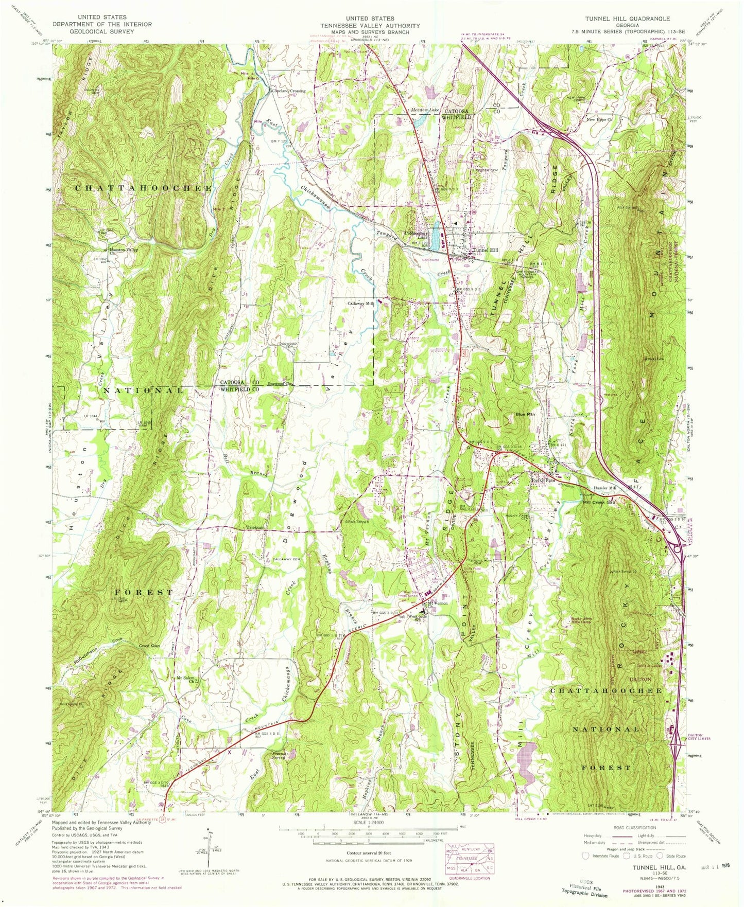 Classic USGS Tunnel Hill Georgia 7.5'x7.5' Topo Map Image