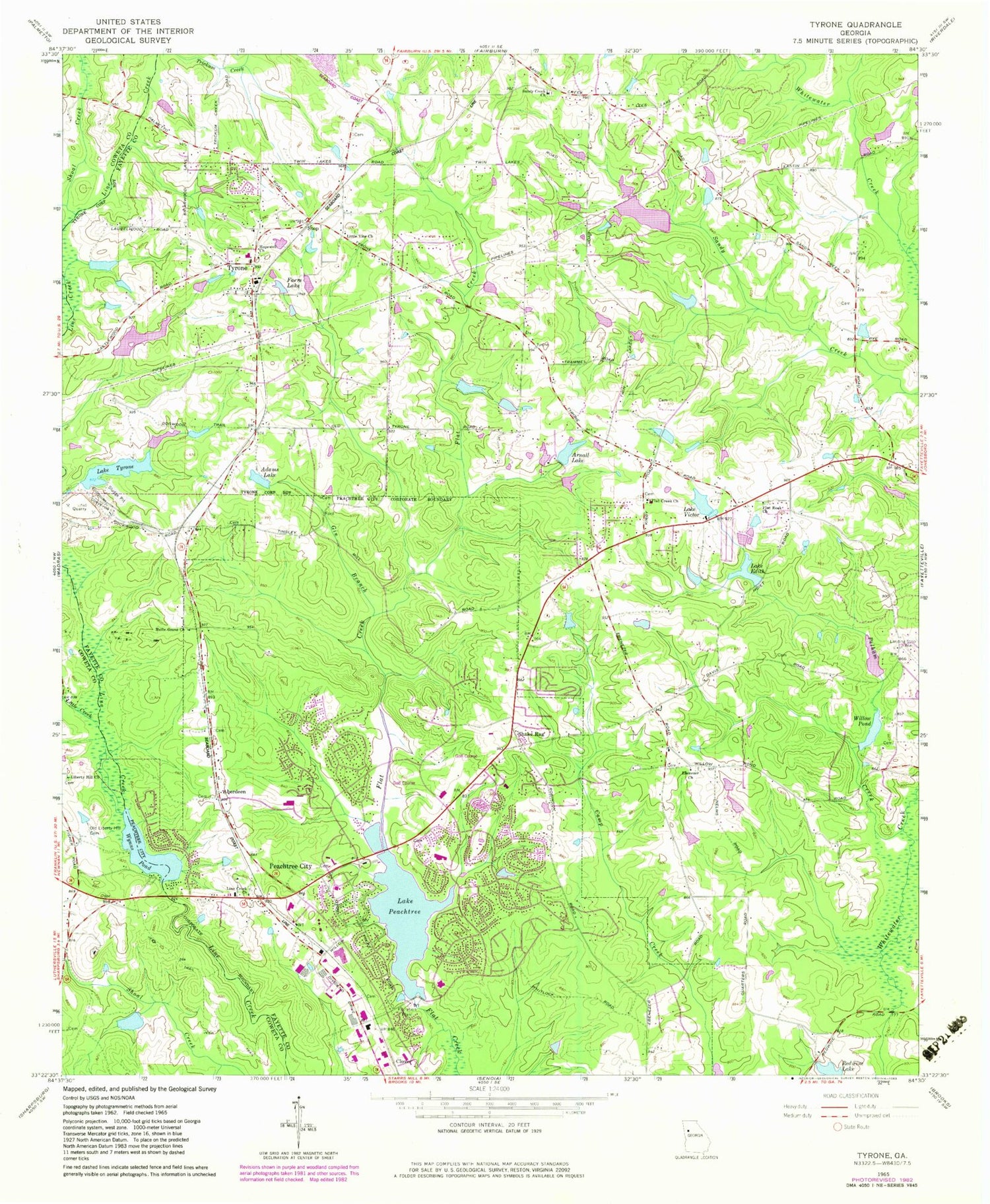 Classic USGS Tyrone Georgia 7.5'x7.5' Topo Map Image