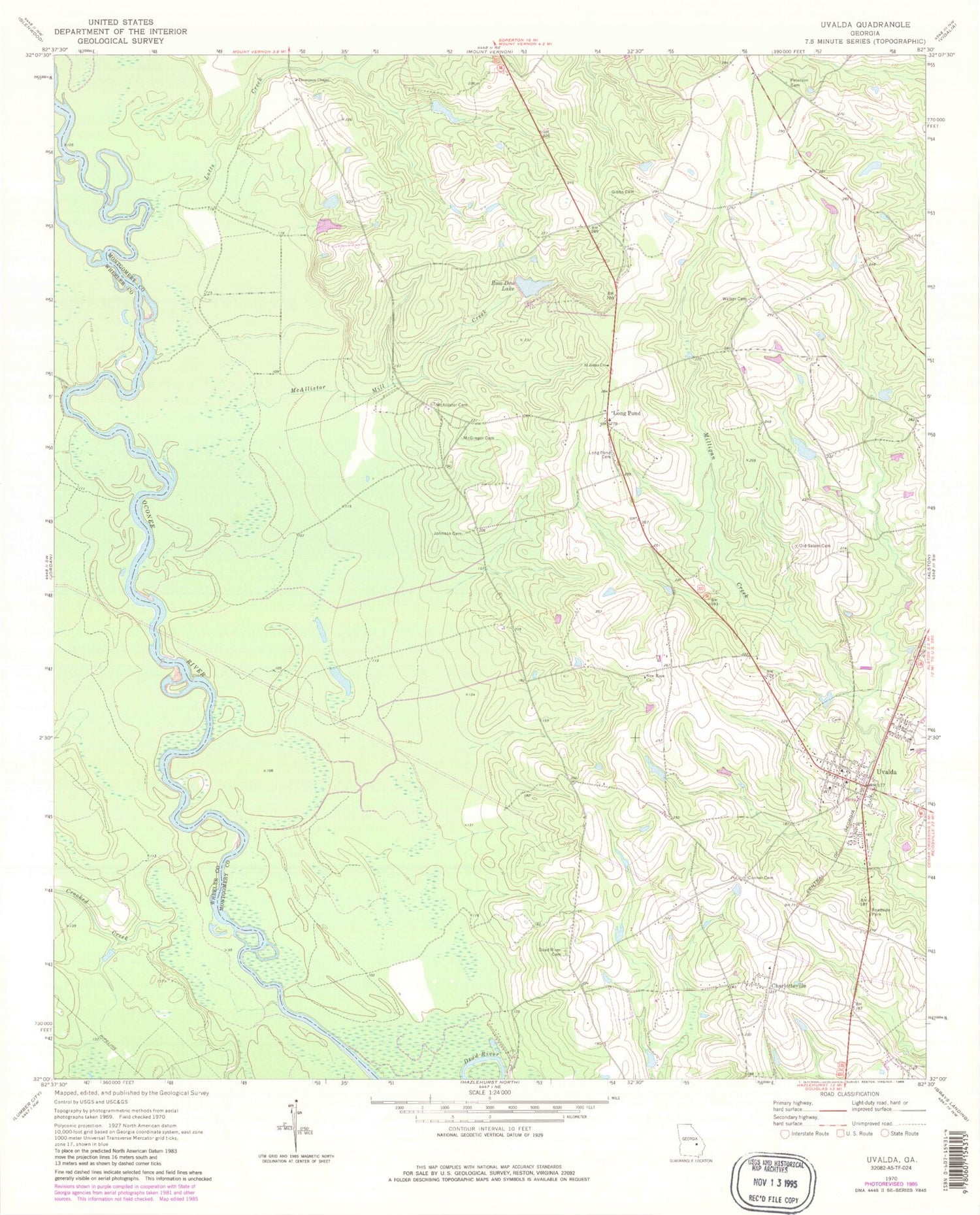 Classic USGS Uvalda Georgia 7.5'x7.5' Topo Map Image