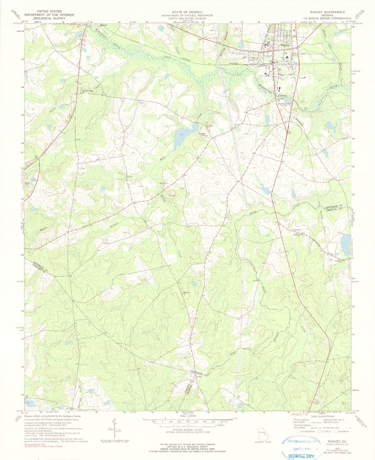 Classic USGS Wadley Georgia 7.5'x7.5' Topo Map Image