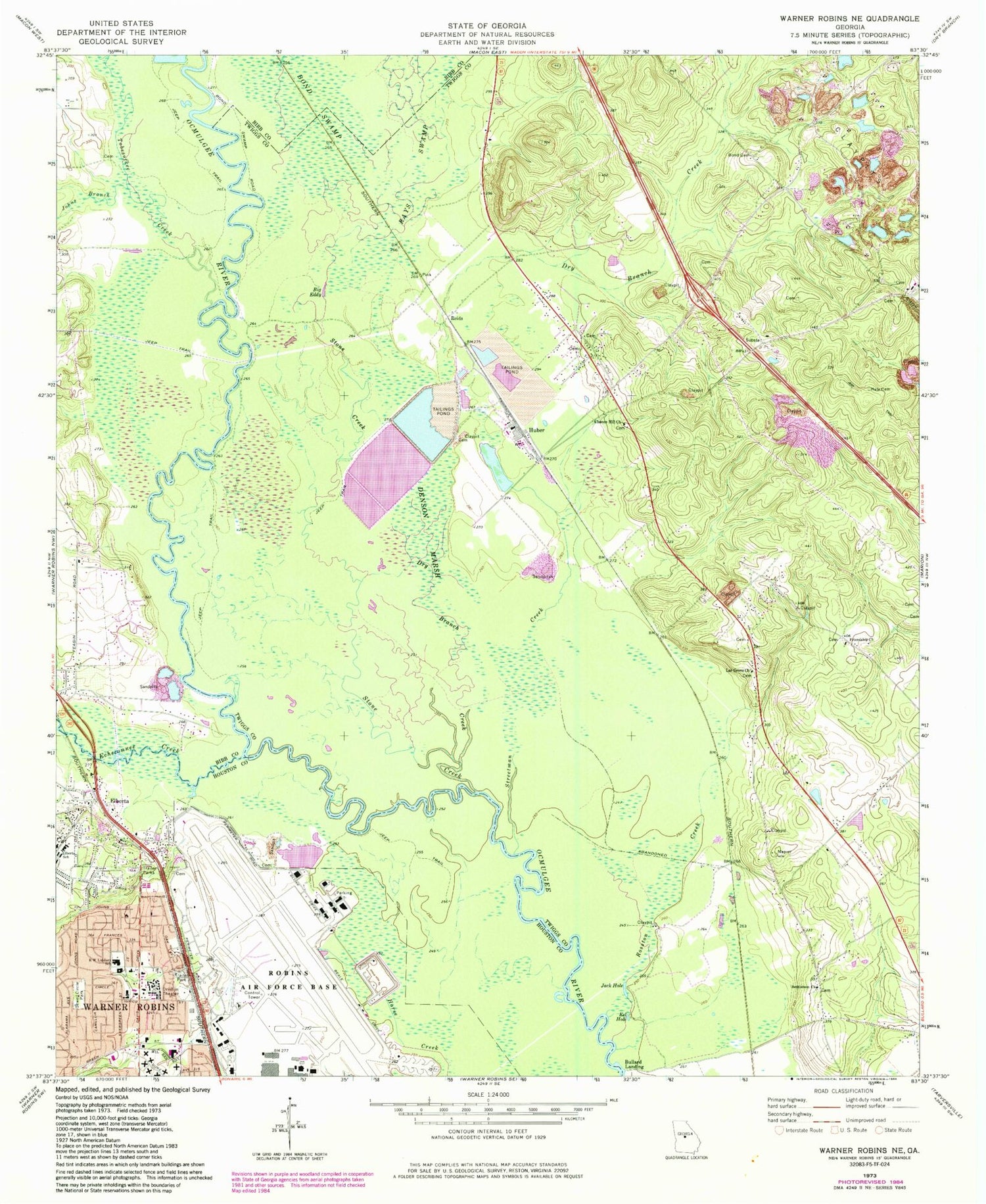 Classic USGS Warner Robins NE Georgia 7.5'x7.5' Topo Map Image