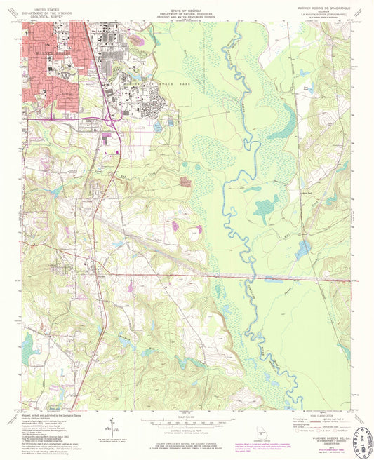 Classic USGS Warner Robins SE Georgia 7.5'x7.5' Topo Map Image