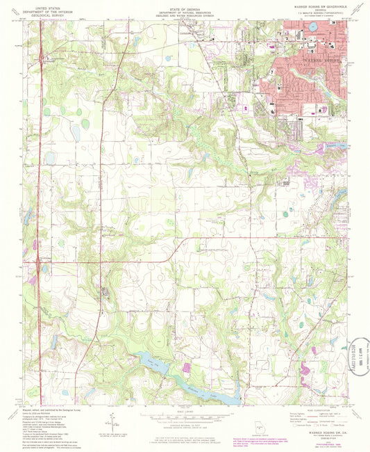 Classic USGS Warner Robins SW Georgia 7.5'x7.5' Topo Map Image