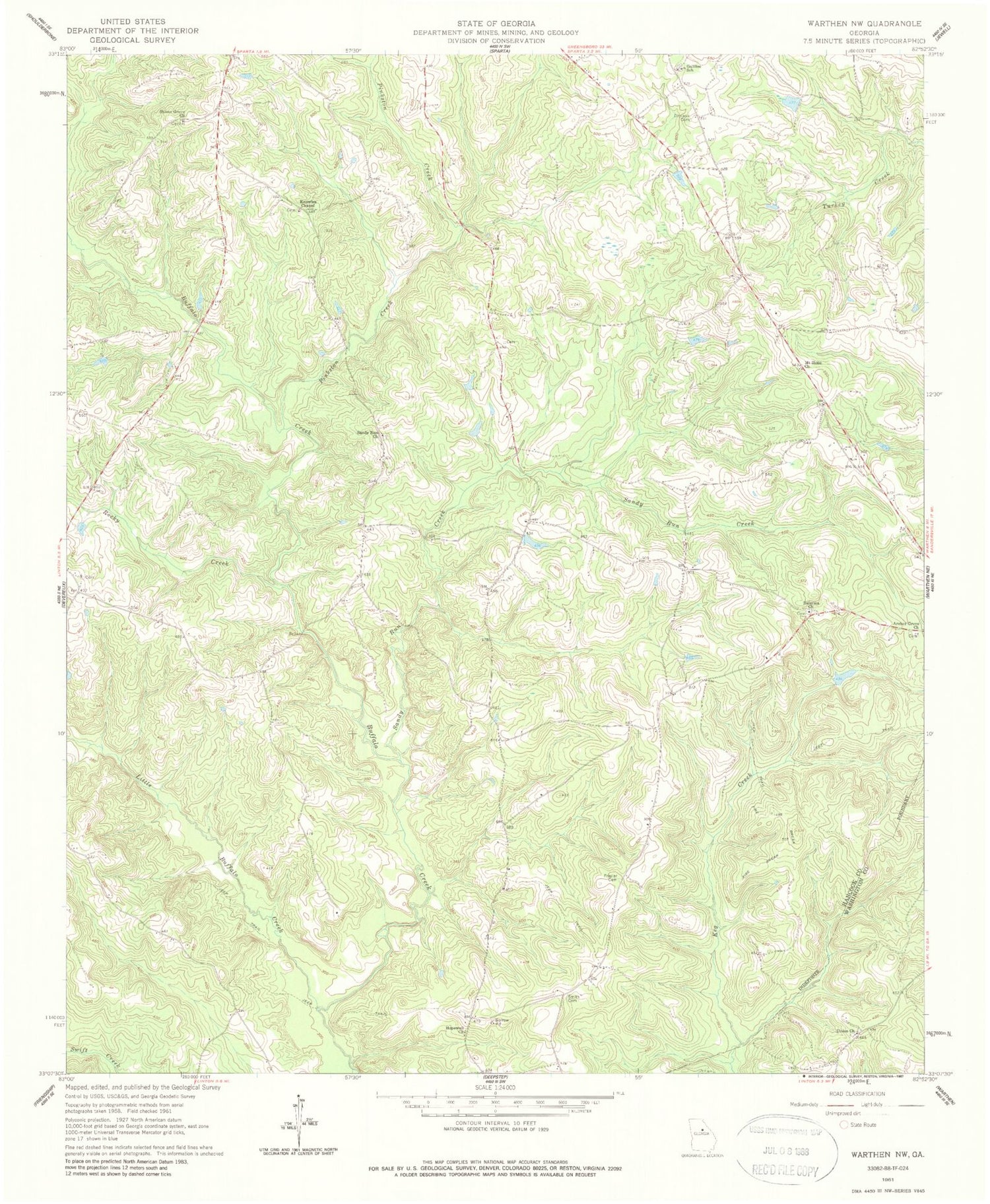 Classic USGS Warthen NW Georgia 7.5'x7.5' Topo Map Image