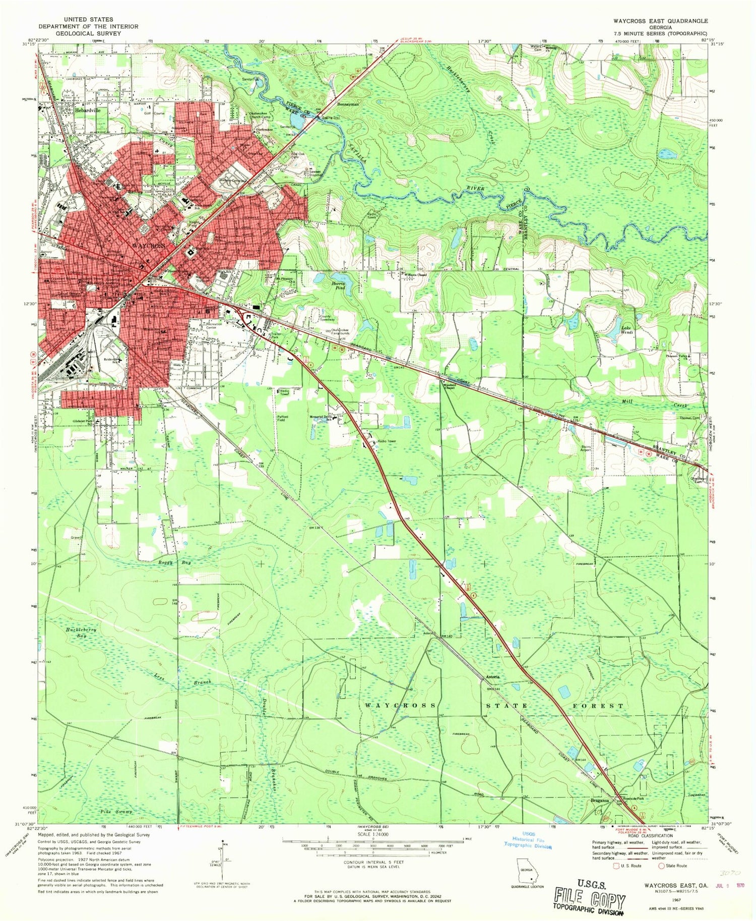 Classic USGS Waycross East Georgia 7.5'x7.5' Topo Map Image