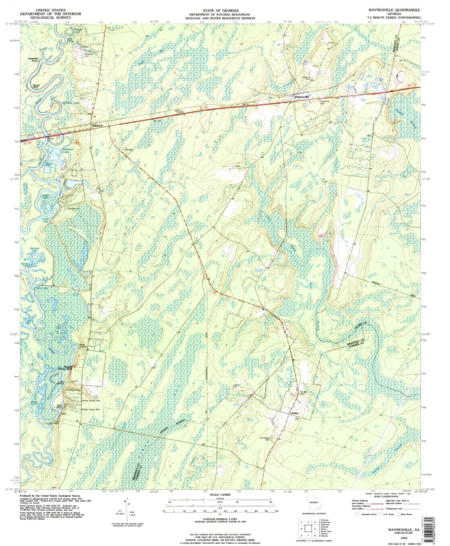 Classic USGS Waynesville Georgia 7.5'x7.5' Topo Map Image