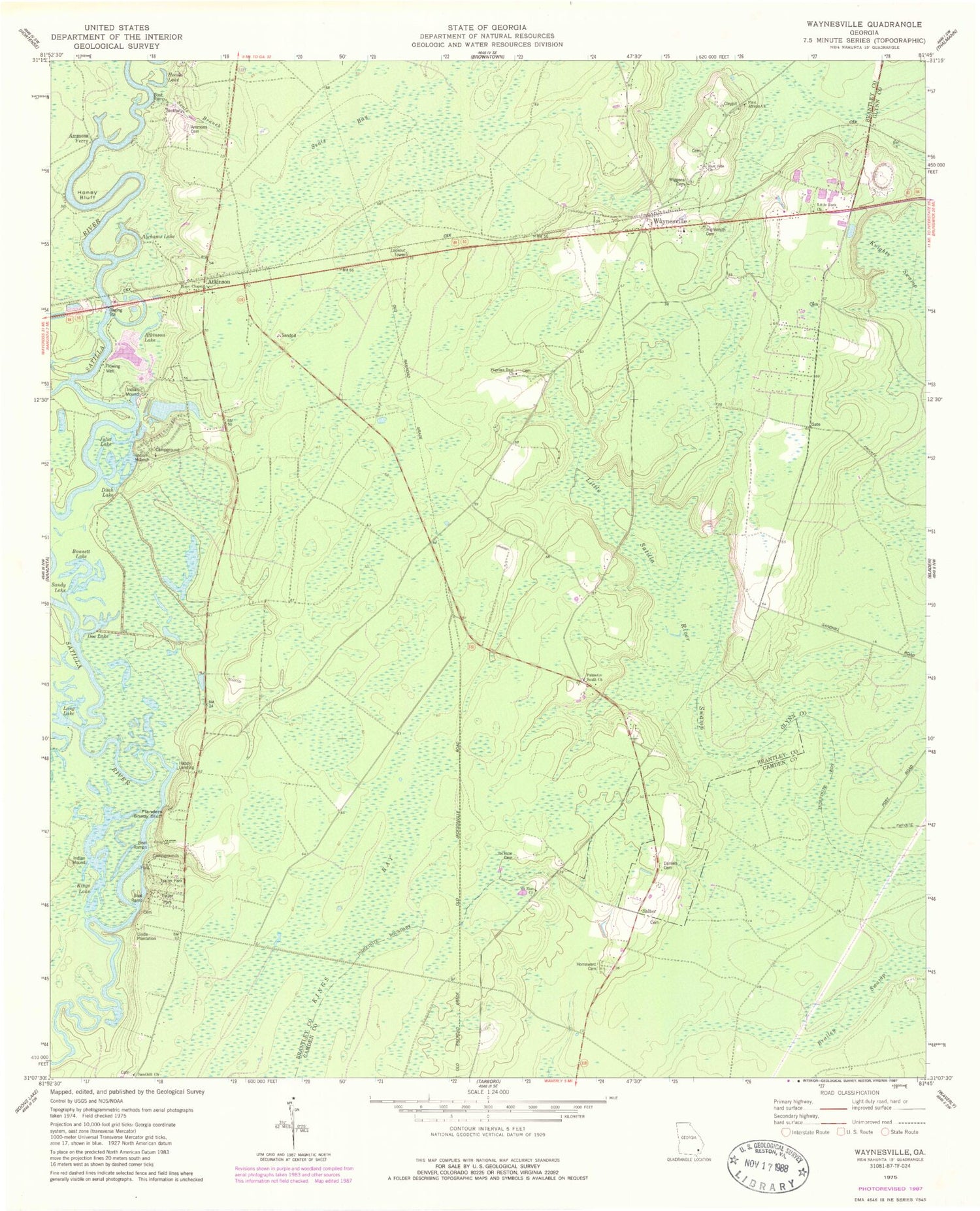 Classic USGS Waynesville Georgia 7.5'x7.5' Topo Map Image