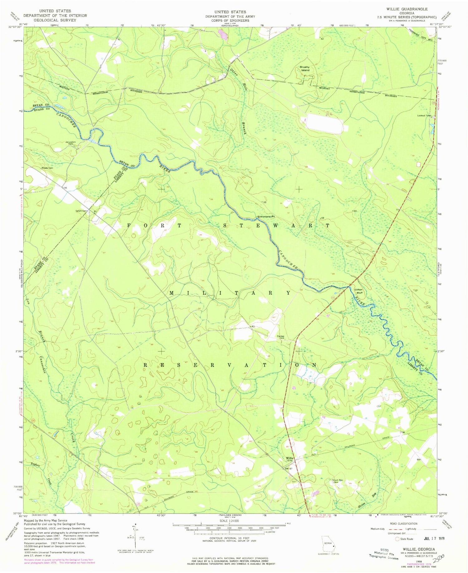 Classic USGS Willie Georgia 7.5'x7.5' Topo Map Image