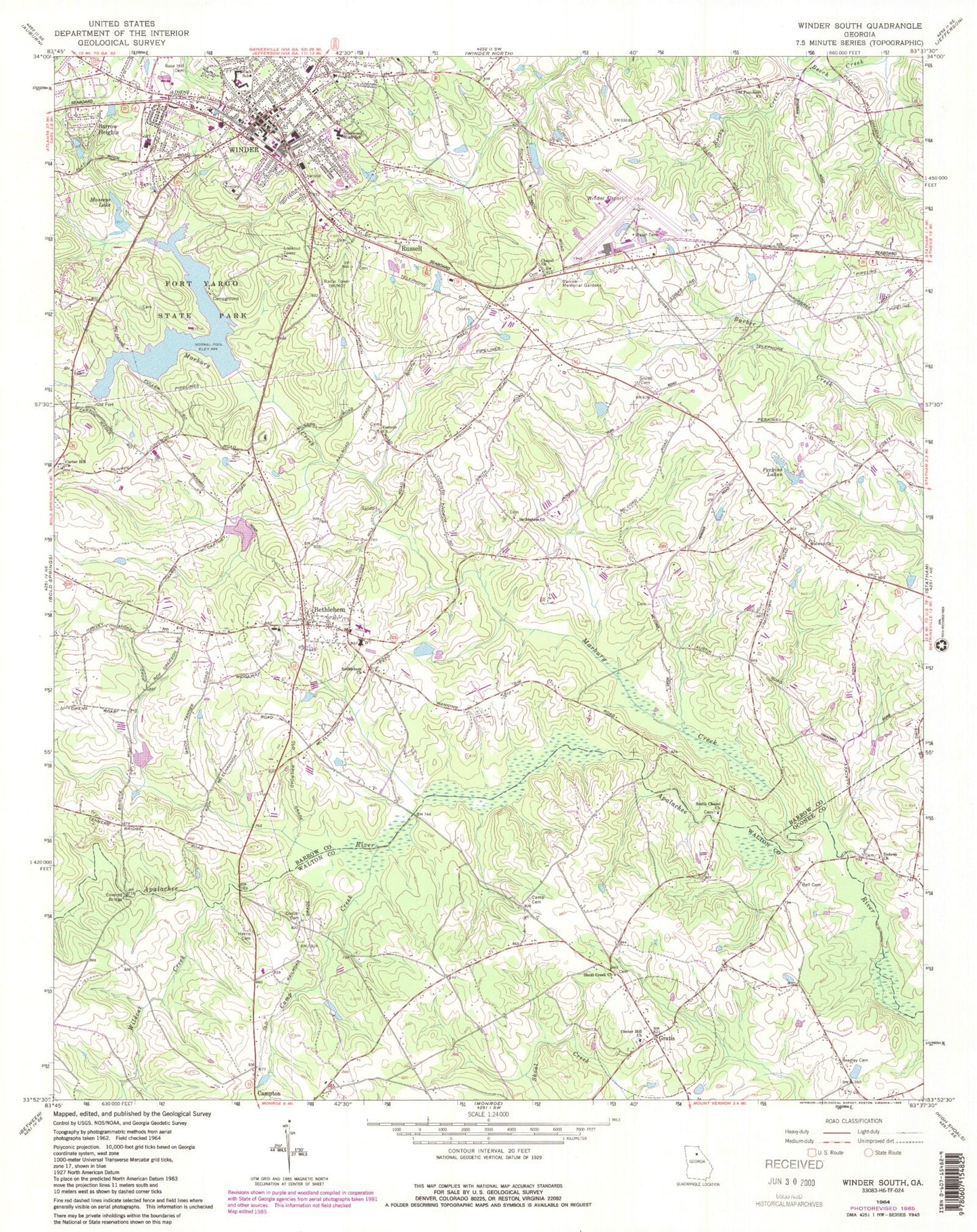 Classic USGS Winder South Georgia 7.5'x7.5' Topo Map Image