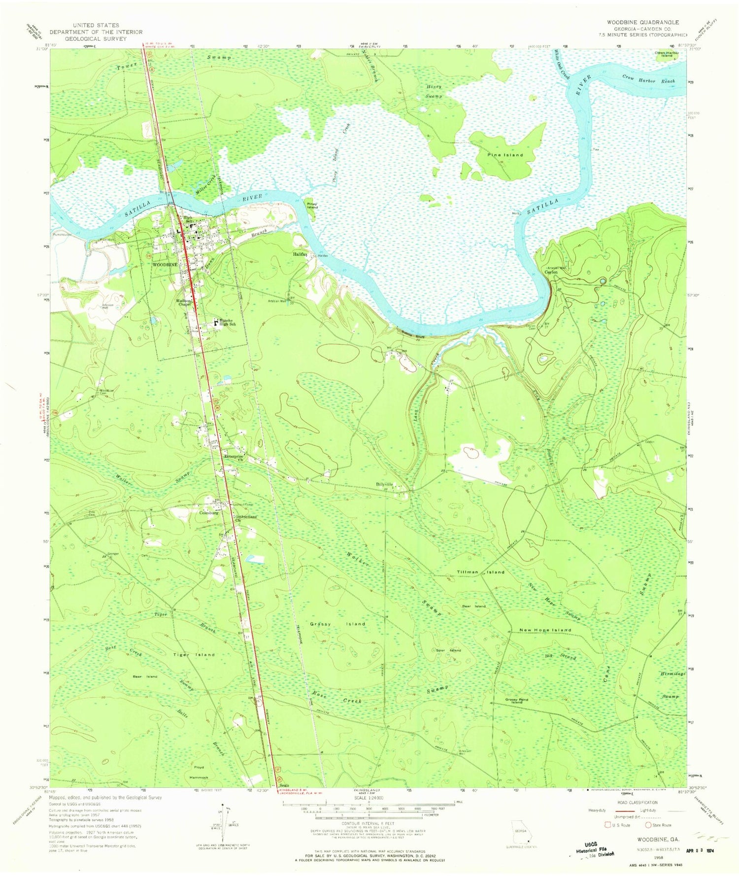 Classic USGS Woodbine Georgia 7.5'x7.5' Topo Map Image