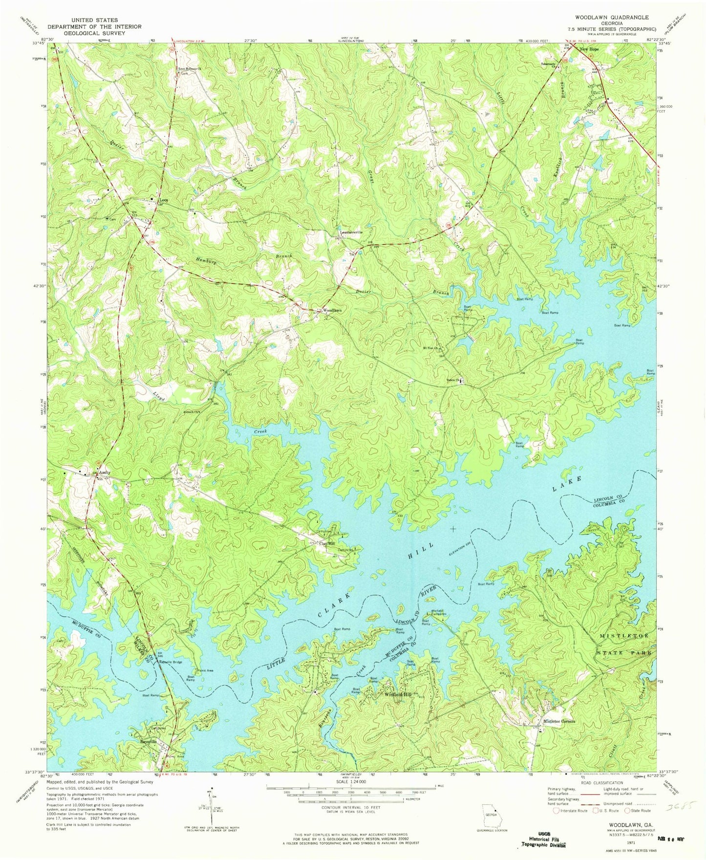Classic USGS Woodlawn Georgia 7.5'x7.5' Topo Map Image