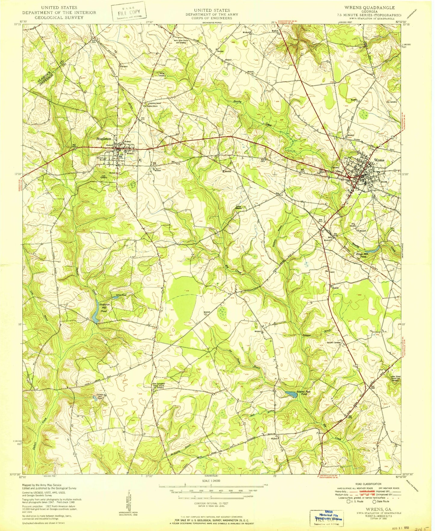 Classic USGS Wrens Georgia 7.5'x7.5' Topo Map Image