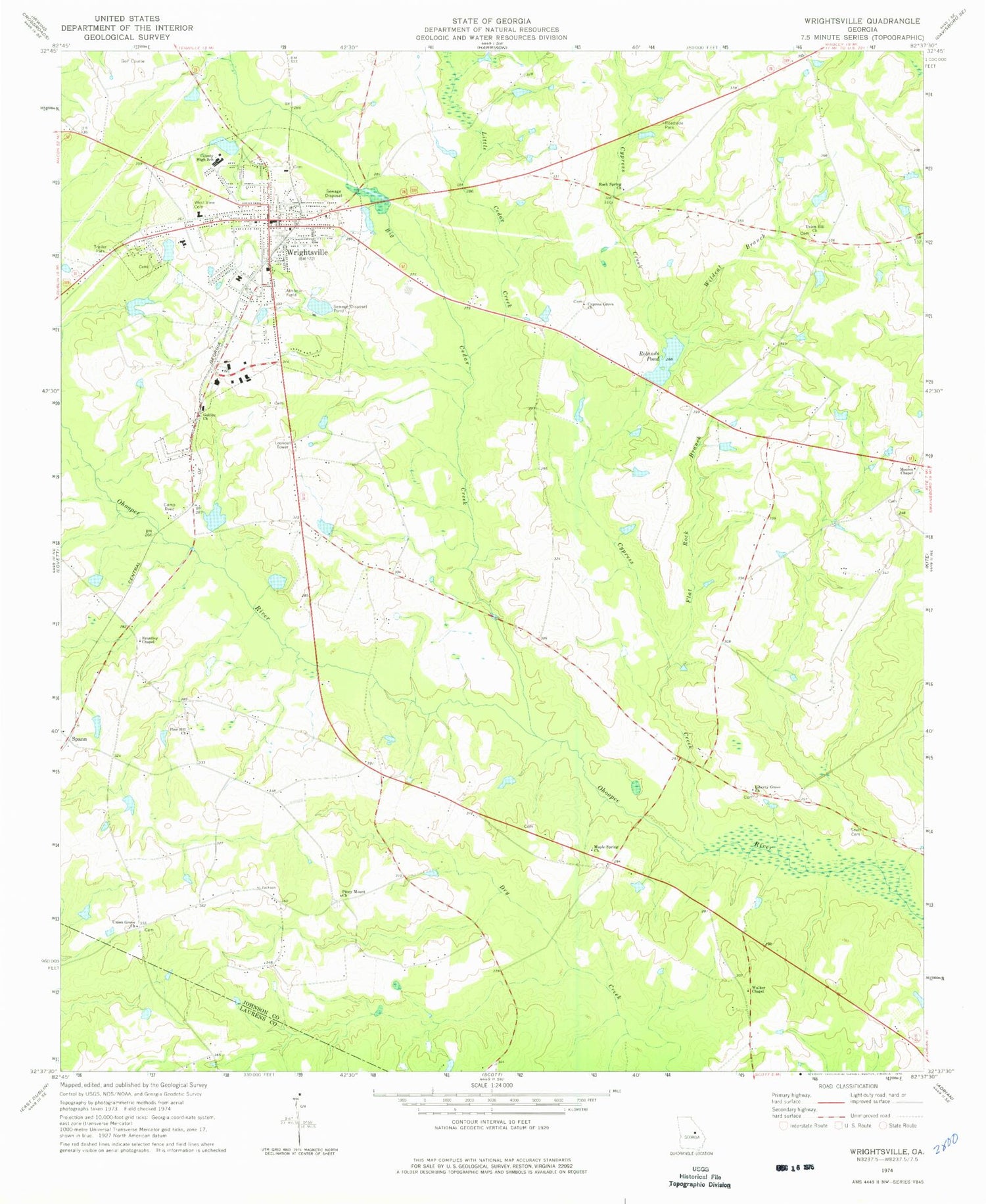 Classic USGS Wrightsville Georgia 7.5'x7.5' Topo Map Image