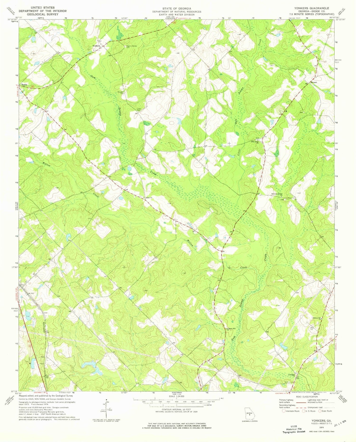 Classic USGS Yonkers Georgia 7.5'x7.5' Topo Map Image
