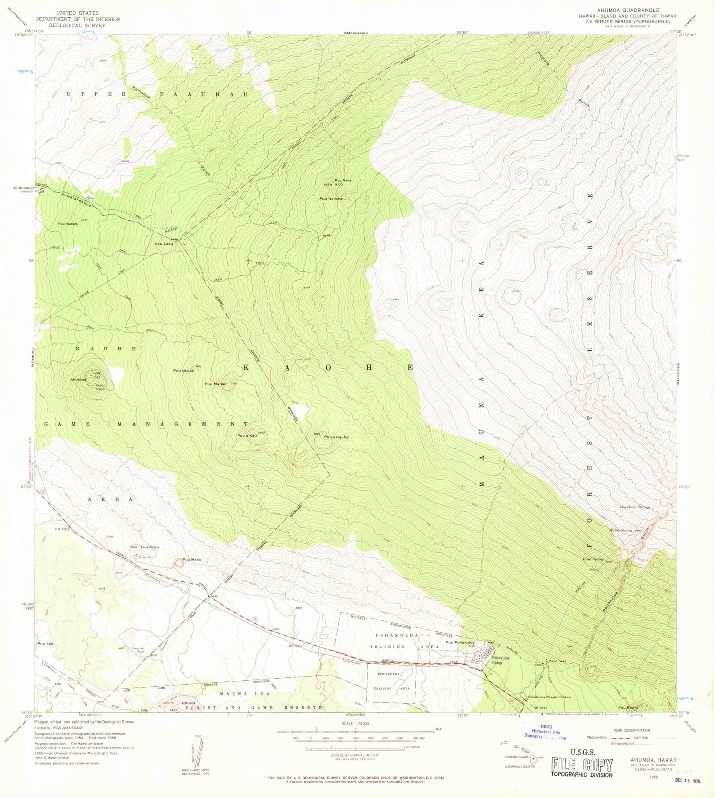 Classic USGS Ahumoa Hawaii 7.5'x7.5' Topo Map Image