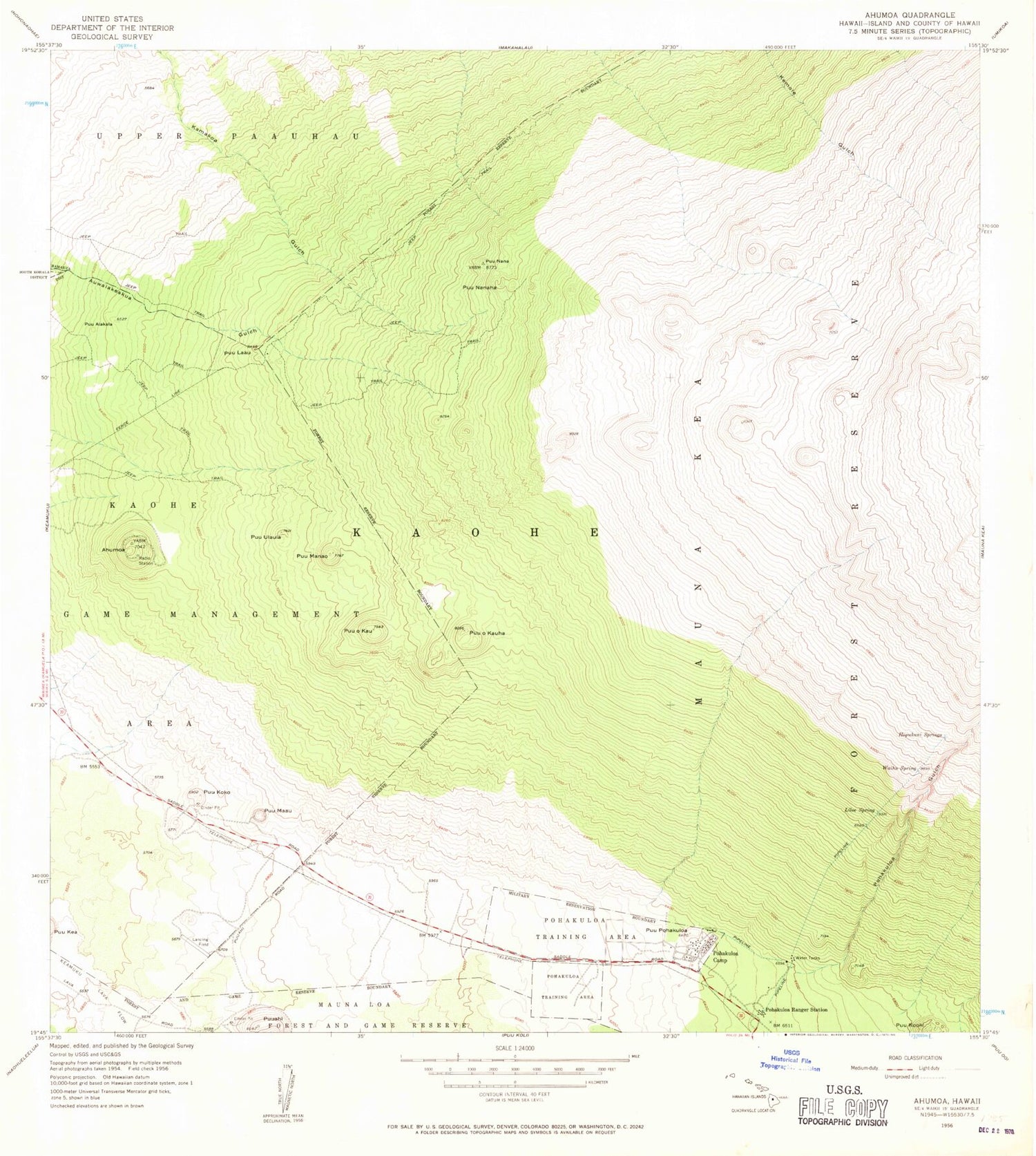 Classic USGS Ahumoa Hawaii 7.5'x7.5' Topo Map Image