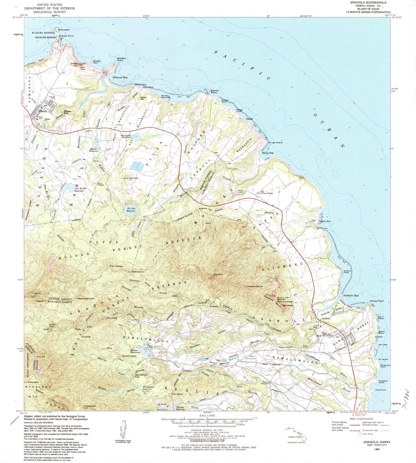 Classic USGS Anahola Hawaii 7.5'x7.5' Topo Map Image
