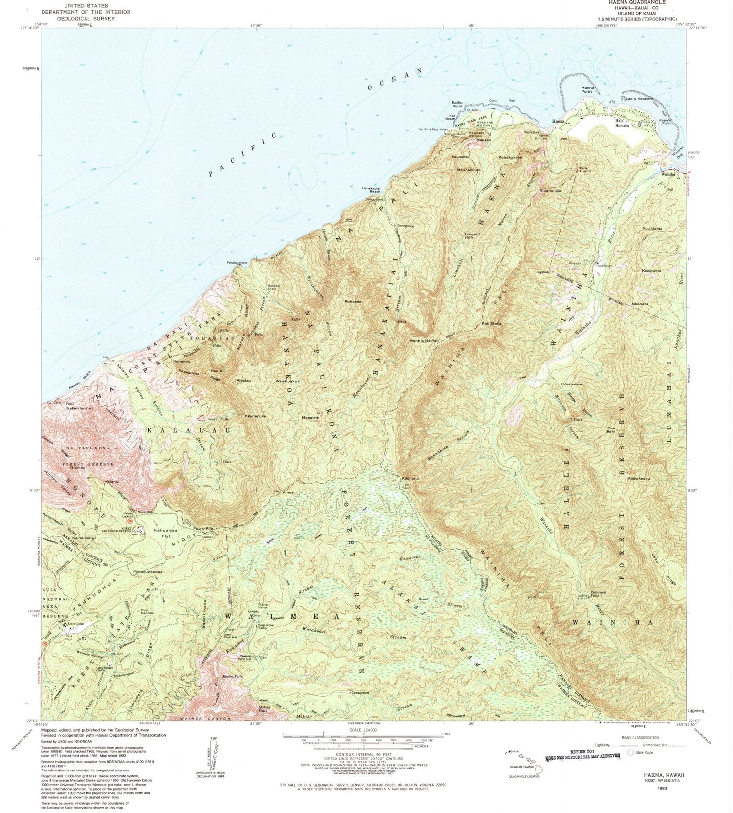 USGS Classic Haena Hawaii 7.5'x7.5' Topo Map Image