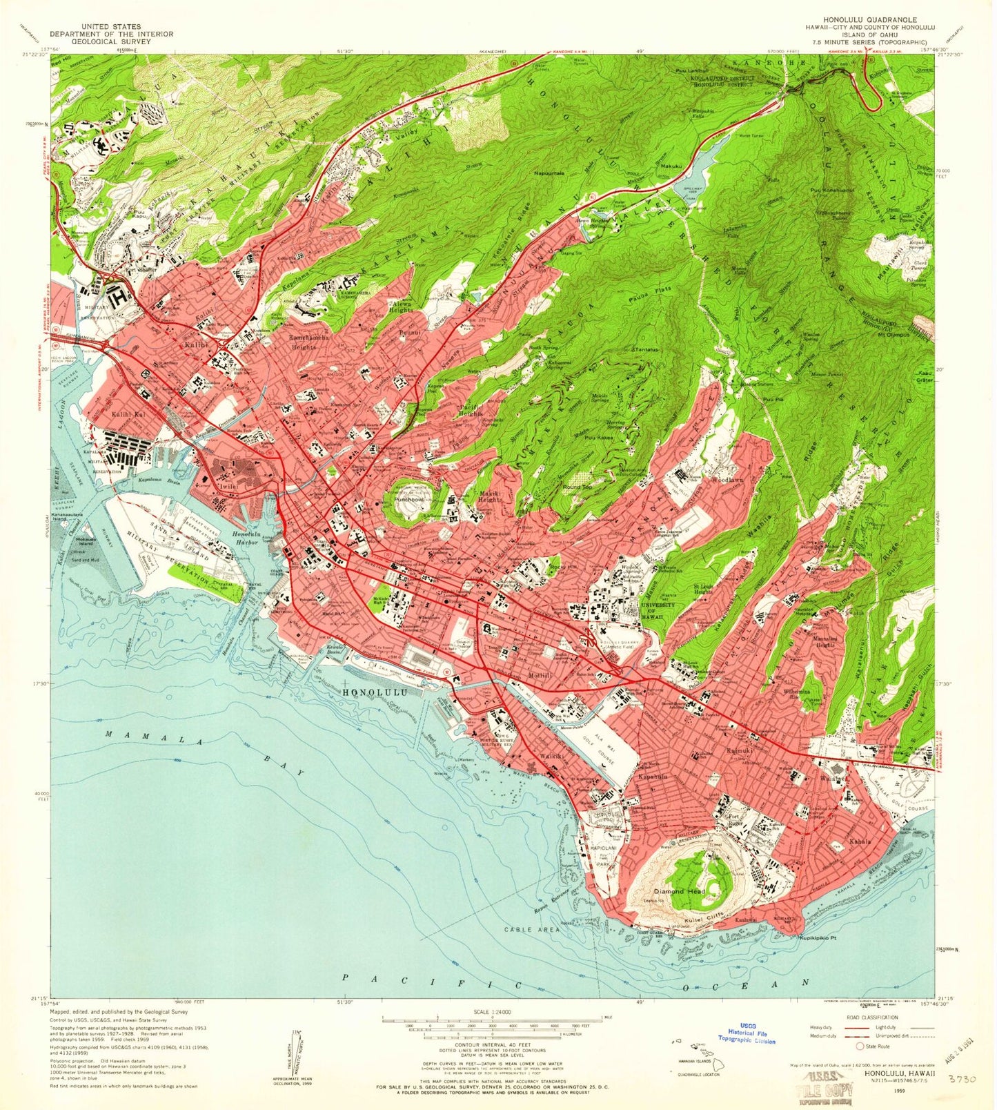 Classic USGS Honolulu Hawaii 7.5'x7.5' Topo Map Image