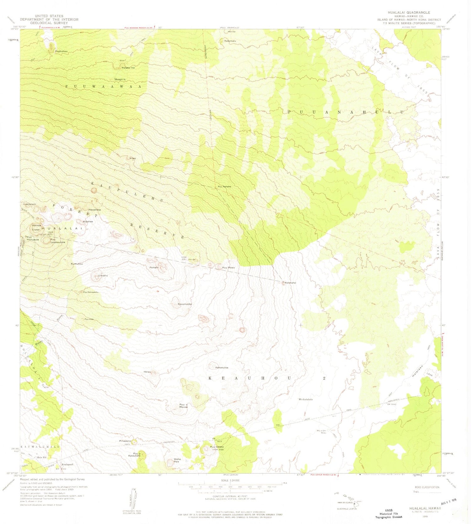 Classic USGS Hualalai Hawaii 7.5'x7.5' Topo Map Image