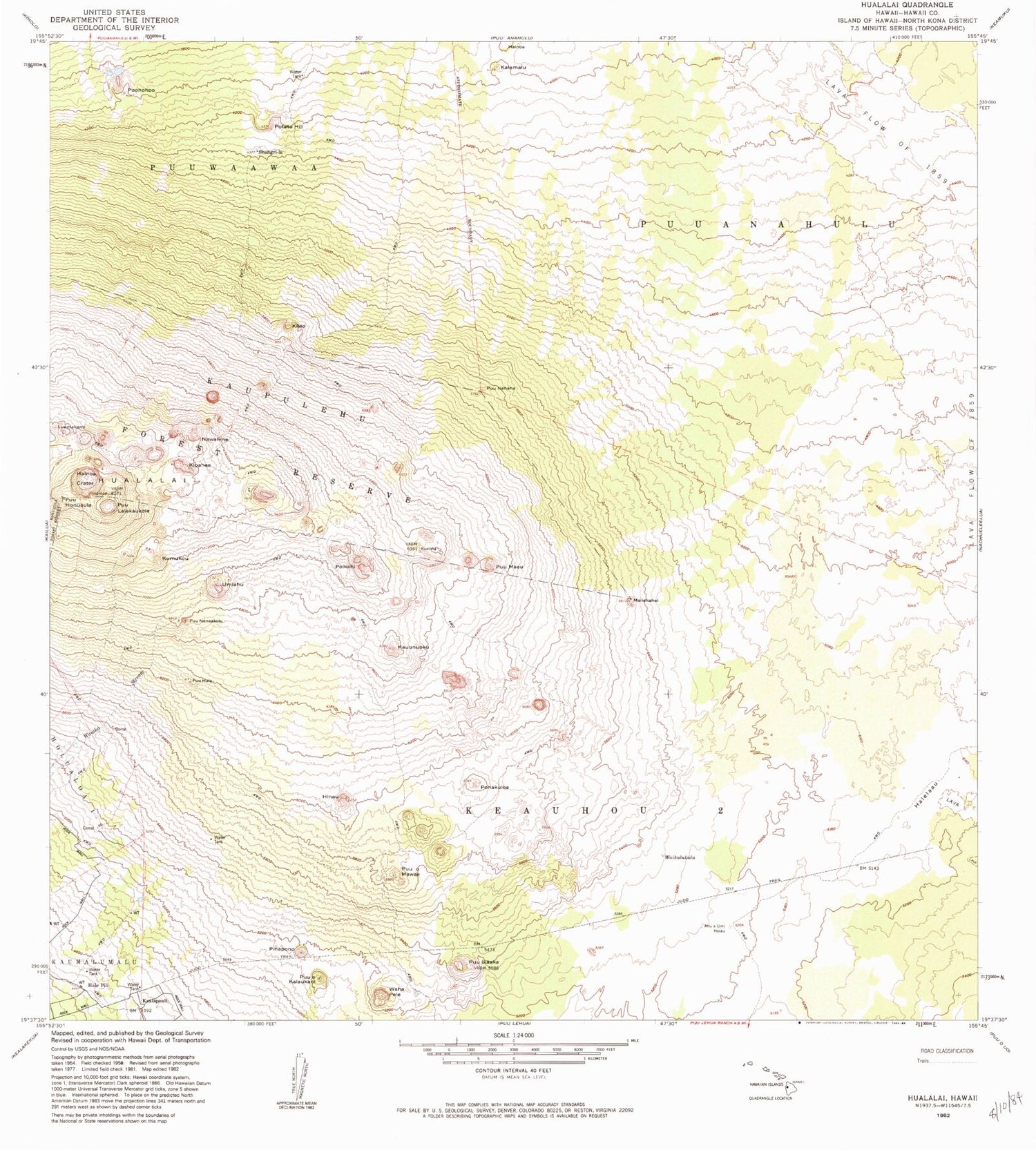 Classic USGS Hualalai Hawaii 7.5'x7.5' Topo Map Image