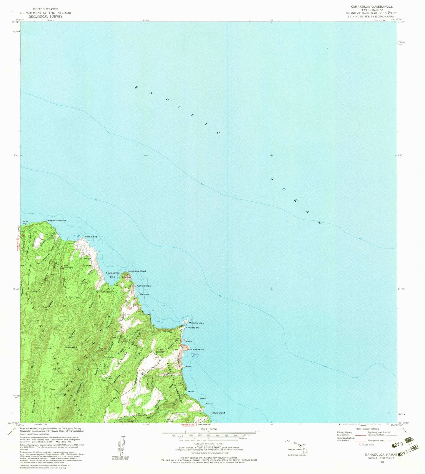 Classic USGS Kahakuloa Hawaii 7.5'x7.5' Topo Map Image